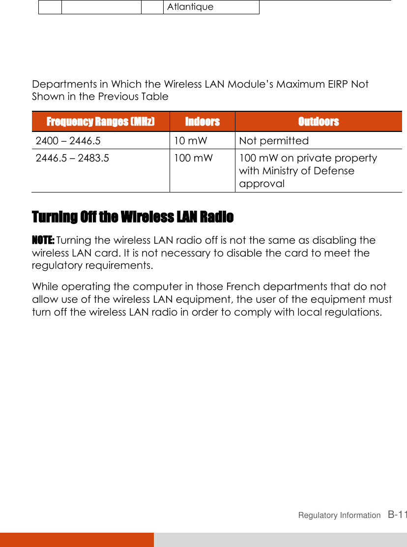  Regulatory Information   B-11 Atlantique    Departments in Which the Wireless LAN Module’s Maximum EIRP Not Shown in the Previous Table Frequency Ranges (MHz) Indoors Outdoors 2400 – 2446.5 10 mW Not permitted 2446.5 – 2483.5 100 mW 100 mW on private property with Ministry of Defense approval  Turning Off the Wireless LAN Radio NOTE: Turning the wireless LAN radio off is not the same as disabling the wireless LAN card. It is not necessary to disable the card to meet the regulatory requirements. While operating the computer in those French departments that do not allow use of the wireless LAN equipment, the user of the equipment must turn off the wireless LAN radio in order to comply with local regulations.    