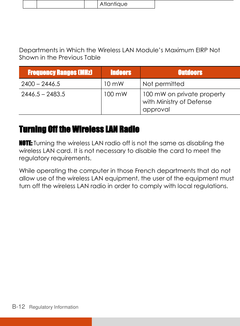  B-12   Regulatory Information Atlantique    Departments in Which the Wireless LAN Module’s Maximum EIRP Not Shown in the Previous Table Frequency Ranges (MHz) Indoors Outdoors 2400 – 2446.5 10 mW Not permitted 2446.5 – 2483.5 100 mW 100 mW on private property with Ministry of Defense approval  Turning Off the Wireless LAN Radio NOTE: Turning the wireless LAN radio off is not the same as disabling the wireless LAN card. It is not necessary to disable the card to meet the regulatory requirements. While operating the computer in those French departments that do not allow use of the wireless LAN equipment, the user of the equipment must turn off the wireless LAN radio in order to comply with local regulations.    