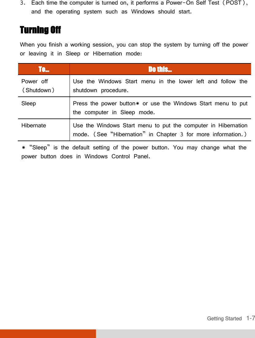  Getting Started   1-7 3. Each time the computer is turned on, it performs a Power-On Self Test (POST), and the operating system such as Windows should start. Turning Off When you finish a working session, you can stop the system by turning off the power or leaving it in Sleep or Hibernation mode: To... Do this... Power off (Shutdown) Use the Windows Start menu in the lower left and follow the shutdown procedure. Sleep Press the power button* or use the Windows Start menu to put the computer in Sleep mode. Hibernate Use the Windows Start menu to put the computer in Hibernation mode. (See “Hibernation” in Chapter 3 for more information.) * “Sleep” is the default setting of the power button. You may change what the power button does in Windows Control Panel. 