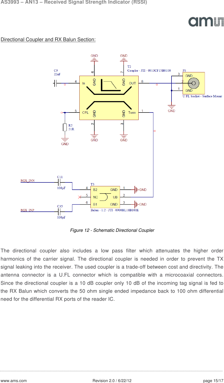 AS3993 – AN13 – Received Signal Strength Indicator (RSSI)  www.ams.com              Revision 2.0 / 6/22/12 page 15/17  Directional Coupler and RX Balun Section:  Figure 12 - Schematic Directional Coupler   The  directional coupler also includes a low pass filter which attenuates the higher order harmonics of the carrier signal. The directional coupler is needed in order to prevent the TX signal leaking into the receiver. The used coupler is a trade-off between cost and directivity. The antenna connector is a U.FL connector which is compatible with a microcoaxial connectors. Since the directional coupler is a 10 dB coupler only 10 dB of the incoming tag signal is fed to the RX Balun which converts the 50 ohm single ended impedance back to 100 ohm differential need for the differential RX ports of the reader IC.   