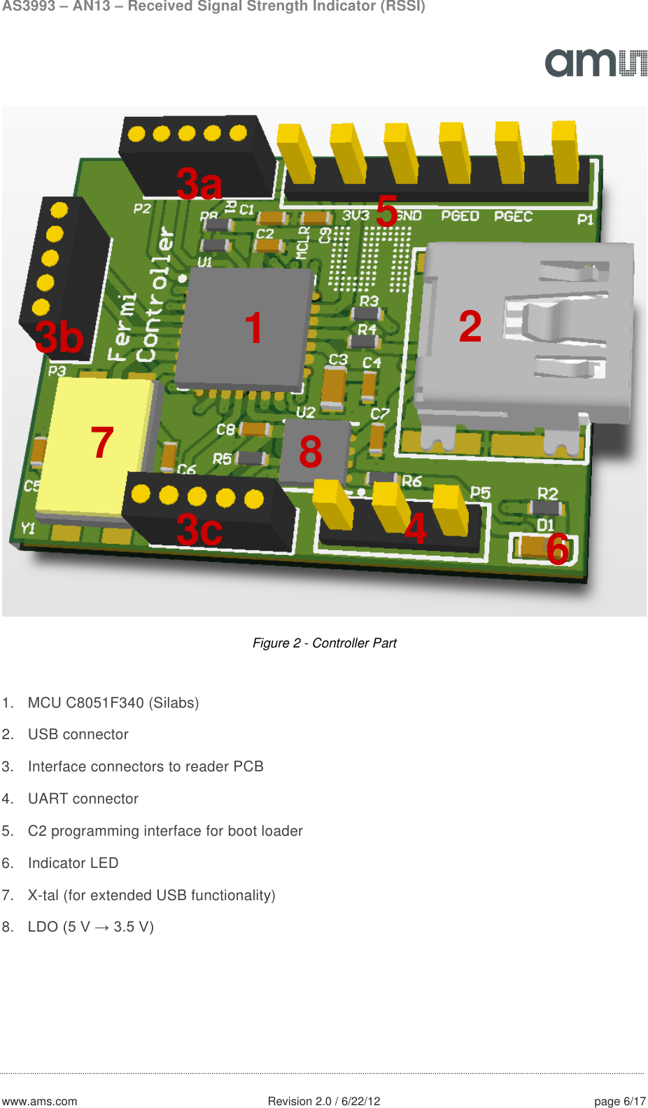 AS3993 – AN13 – Received Signal Strength Indicator (RSSI)  www.ams.com              Revision 2.0 / 6/22/12 page 6/17   Figure 2 - Controller Part  1. MCU C8051F340 (Silabs) 2. USB connector 3. Interface connectors to reader PCB 4. UART connector 5. C2 programming interface for boot loader 6. Indicator LED 7.  X-tal (for extended USB functionality) 8. LDO (5 V → 3.5 V)    1 3a 2 5 4 6 3c 3b 7 8 