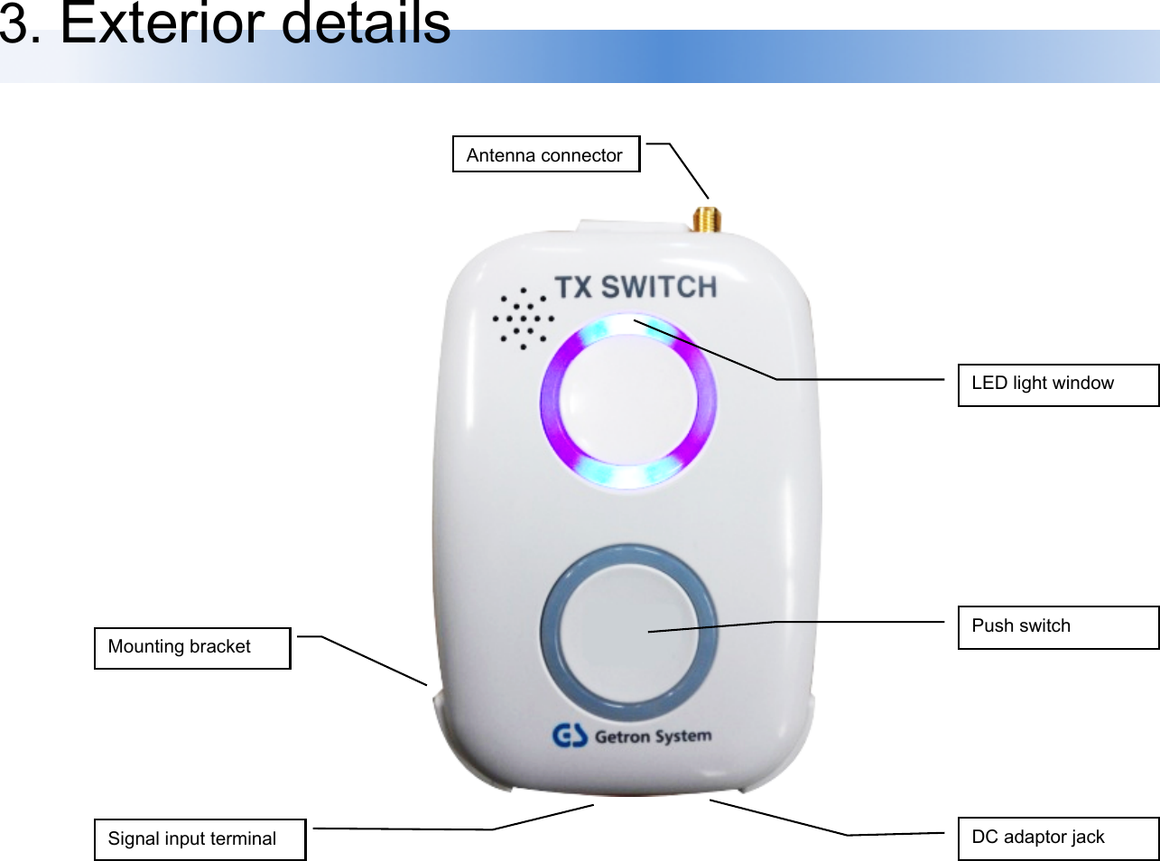 3. Exterior details Antenna connector Mounting bracket Signal input terminal LED light window Push switch DC adaptor jack 
