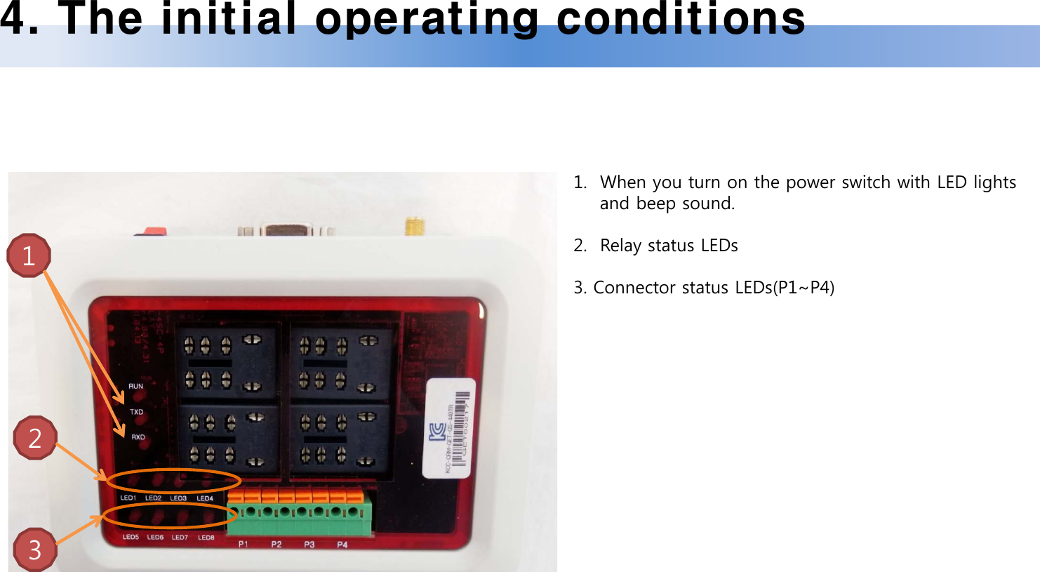 4. The initial operating conditions1. When you turn on the power switch with LED lights    and beep sound.2. Relay status LEDs3. Connector status LEDs(P1~P4)123