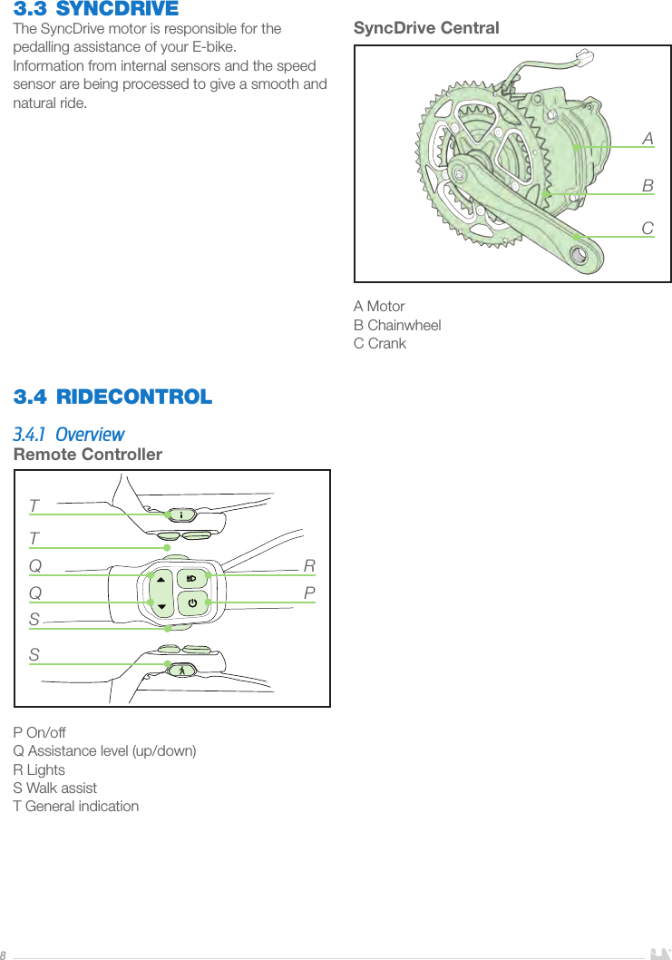 83.3 SYNCDRIVEThe SyncDrive motor is responsible for the pedalling assistance of your E-bike. Information from internal sensors and the speed sensor are being processed to give a smooth and natural ride.SyncDrive Central A MotorB ChainwheelC CrankABC3.4 RIDECONTROL3.4.1 OverviewRemote ControllerP On/off Q Assistance level (up/down)R LightsS Walk assistT General indicationQSSTQTPR