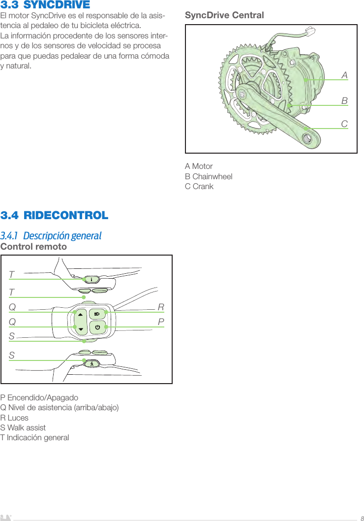 ESPAÑOL83.3 SYNCDRIVEEl motor SyncDrive es el responsable de la asis-tencia al pedaleo de tu bicicleta eléctrica. La información procedente de los sensores inter-nos y de los sensores de velocidad se procesa para que puedas pedalear de una forma cómoda y natural.SyncDrive Central A MotorB ChainwheelC CrankABC3.4 RIDECONTROL3.4.1  Descripción generalControl remotoP Encendido/Apagado Q Nivel de asistencia (arriba/abajo)R LucesS Walk assistT Indicación generalQSSTQTPR