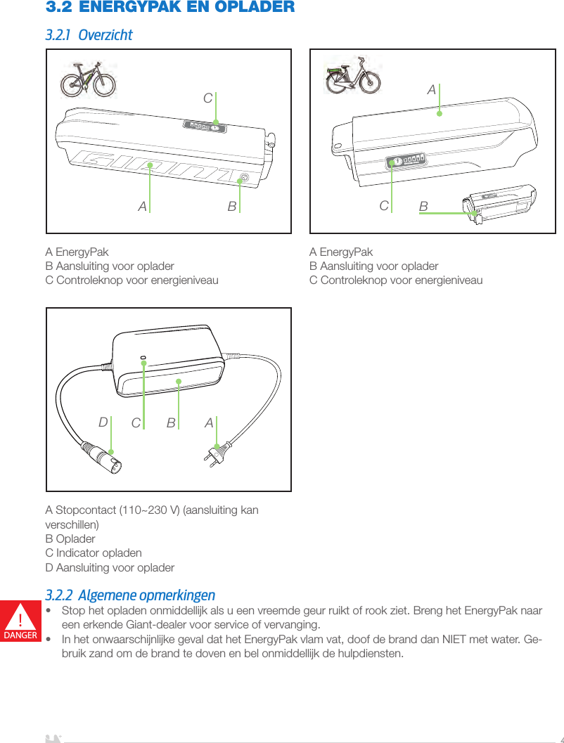 NEDERLANDS4A EnergyPakB Aansluiting voor opladerC Controleknop voor energieniveauA EnergyPakB Aansluiting voor opladerC Controleknop voor energieniveau A Stopcontact (110~230V) (aansluiting kan verschillen)B OpladerC Indicator opladenD Aansluiting voor oplader3.2 ENERGYPAK EN OPLADER3.2.1 OverzichtA BCBACACDB3.2.2  Algemene opmerkingen•  Stop het opladen onmiddellijk als u een vreemde geur ruikt of rook ziet. Breng het EnergyPak naar een erkende Giant-dealer voor service of vervanging.•  In het onwaarschijnlijke geval dat het EnergyPak vlam vat, doof de brand dan NIET met water. Ge-bruik zand om de brand te doven en bel onmiddellijk de hulpdiensten.!DANGER