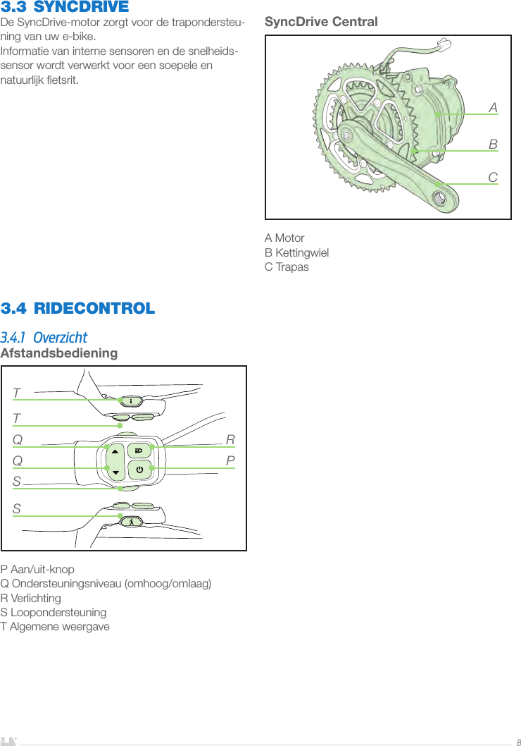 NEDERLANDS83.3 SYNCDRIVEDe SyncDrive-motor zorgt voor de trapondersteu-ning van uw e-bike. Informatie van interne sensoren en de snelheids-sensor wordt verwerkt voor een soepele en natuurlijk ﬁetsrit.SyncDrive Central A MotorB KettingwielC TrapasABCAfstandsbedieningP Aan/uit-knop Q Ondersteuningsniveau (omhoog/omlaag)R VerlichtingS LoopondersteuningT Algemene weergaveQSSTQTPR3.4 RIDECONTROL3.4.1 Overzicht