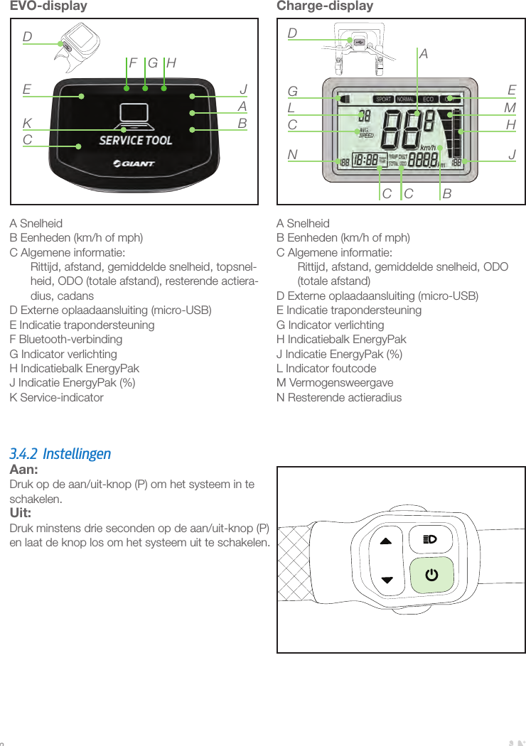93.4.2 InstellingenAan: Druk op de aan/uit-knop (P) om het systeem in te schakelen.Uit: Druk minstens drie seconden op de aan/uit-knop (P) en laat de knop los om het systeem uit te schakelen.EVO-displayA SnelheidB Eenheden (km/h of mph)C Algemene informatie:Rittijd, afstand, gemiddelde snelheid, topsnel-heid, ODO (totale afstand), resterende actiera-dius, cadansD Externe oplaadaansluiting (micro-USB) E Indicatie trapondersteuningF Bluetooth-verbindingG Indicator verlichtingH Indicatiebalk EnergyPak J Indicatie EnergyPak (%)K Service-indicatorADE JBKHGFCCharge-displayA SnelheidB Eenheden (km/h of mph)C Algemene informatie:Rittijd, afstand, gemiddelde snelheid, ODO (totale afstand)D Externe oplaadaansluiting (micro-USB) E Indicatie trapondersteuningG Indicator verlichtingH Indicatiebalk EnergyPak J Indicatie EnergyPak (%)L Indicator foutcodeM VermogensweergaveN Resterende actieradius BCCNCGLDAEMHJ