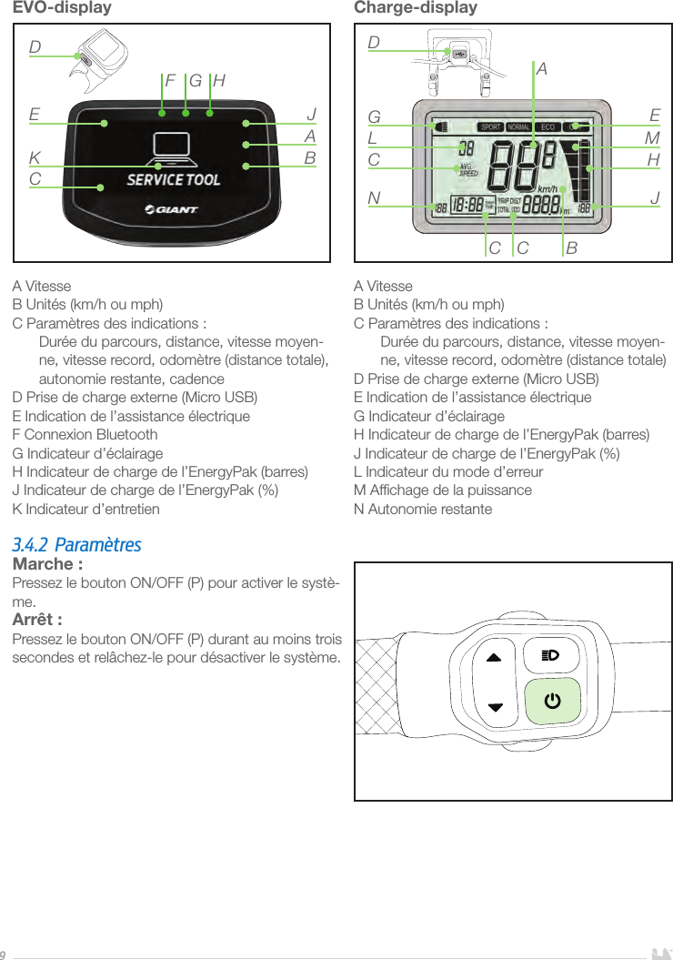 9EVO-displayA VitesseB Unités (km/h ou mph)C Paramètres des indications:Durée du parcours, distance, vitesse moyen-ne, vitesse record, odomètre (distance totale), autonomie restante, cadenceD Prise de charge externe (Micro USB) E Indication de l’assistance électriqueF Connexion BluetoothG Indicateur d’éclairageH Indicateur de charge de l’EnergyPak (barres) J Indicateur de charge de l’EnergyPak (%)K Indicateur d’entretienADE JBKHGFCCharge-displayA VitesseB Unités (km/h ou mph)C Paramètres des indications:Durée du parcours, distance, vitesse moyen-ne, vitesse record, odomètre (distance totale)D Prise de charge externe (Micro USB) E Indication de l’assistance électriqueG Indicateur d’éclairageH Indicateur de charge de l’EnergyPak (barres) J Indicateur de charge de l’EnergyPak (%)L Indicateur du mode d’erreur M Afﬁchage de la puissanceN Autonomie restanteBCCNCGLDAEMHJ3.4.2 ParamètresMarche: Pressez le bouton ON/OFF (P) pour activer le systè-me.Arrêt: Pressez le bouton ON/OFF (P) durant au moins trois secondes et relâchez-le pour désactiver le système.