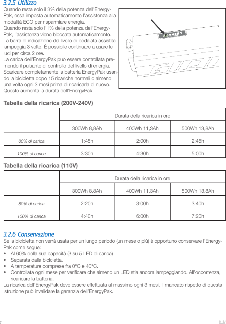 73.2.5 UtilizzoQuando resta solo il 3% della potenza dell’Energy-Pak, essa imposta automaticamente l’assistenza alla modalità ECO per risparmiare energia.Quando resta solo l’1% della potenza dell’Energy-Pak, l’assistenza viene bloccata automaticamente. La barra di indicazione del livello di pedalata assistita lampeggia 3 volte. È possibile continuare a usare le luci per circa 2 ore. La carica dell’EnergyPak può essere controllata pre-mendo il pulsante di controllo del livello di energia.Scaricare completamente la batteria EnergyPak usan-do la bicicletta dopo 15 ricariche normali o almeno una volta ogni 3 mesi prima di ricaricarla di nuovo. Questo aumenta la durata dell’EnergyPak.Tabella della ricarica (200V-240V) Durata della ricarica in ore300Wh 8,8Ah 400Wh 11,3Ah 500Wh 13,8Ah80% di carica 1:45h 2:00h 2:45h100% di carica 3:30h 4:30h 5:00hTabella della ricarica (110V)Durata della ricarica in ore300Wh 8,8Ah 400Wh 11,3Ah 500Wh 13,8Ah80% di carica 2:20h 3:00h 3:40h100% di carica 4:40h 6:00h 7:20h3.2.6 ConservazioneSe la bicicletta non verrà usata per un lungo periodo (un mese o più) è opportuno conservare l’Energy-Pak come segue:•  Al 60% della sua capacità (3 su 5 LED di carica).•  Separata dalla bicicletta.•  A temperature comprese fra 0°C e 40°C.•  Controllata ogni mese per veriﬁcare che almeno un LED stia ancora lampeggiando. All’occorrenza, ricaricare la batteria.La ricarica dell’EnergyPak deve essere effettuata al massimo ogni 3 mesi. Il mancato rispetto di questa istruzione può invalidare la garanzia dell’EnergyPak.