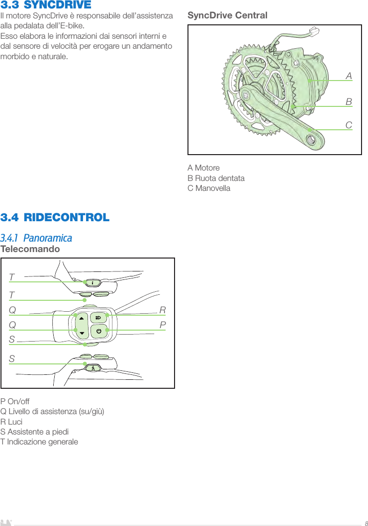 ITALIANO83.3 SYNCDRIVEIl motore SyncDrive è responsabile dell’assistenza alla pedalata dell’E-bike. Esso elabora le informazioni dai sensori interni e dal sensore di velocità per erogare un andamento morbido e naturale.SyncDrive Central A MotoreB Ruota dentataC ManovellaABCTelecomandoP On/off Q Livello di assistenza (su/giù)R LuciS Assistente a piediT Indicazione generaleQSSTQTPR3.4 RIDECONTROL3.4.1 Panoramica