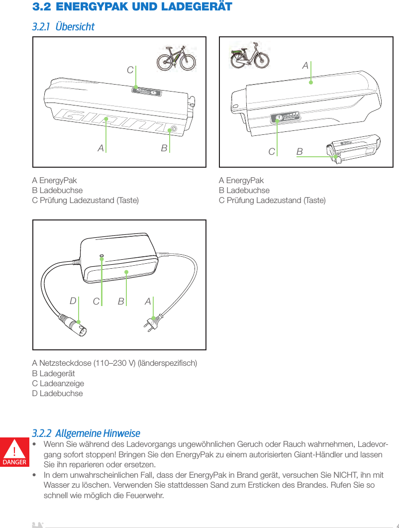 DEUTSCH4A EnergyPakB LadebuchseC Prüfung Ladezustand (Taste)A EnergyPakB LadebuchseC Prüfung Ladezustand (Taste) A Netzsteckdose (110–230V) (länderspeziﬁsch)B LadegerätC LadeanzeigeD Ladebuchse3.2 ENERGYPAK UND LADEGERÄT3.2.1 ÜbersichtA BCBACACDB3.2.2  Allgemeine Hinweise•  Wenn Sie während des Ladevorgangs ungewöhnlichen Geruch oder Rauch wahrnehmen, Ladevor-gang sofort stoppen! Bringen Sie den EnergyPak zu einem autorisierten Giant-Händler und lassen Sie ihn reparieren oder ersetzen.•  In dem unwahrscheinlichen Fall, dass der EnergyPak in Brand gerät, versuchen Sie NICHT, ihn mit Wasser zu löschen. Verwenden Sie stattdessen Sand zum Ersticken des Brandes. Rufen Sie so schnell wie möglich die Feuerwehr.!DANGER