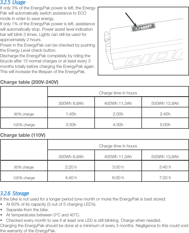 ENGLISH73.2.5 UsageIf only 3% of the EnergyPak power is left, the Energy-Pak will automatically switch assistance to ECO mode in order to save energy.If only 1% of the EnergyPak power is left, assistance will automatically stop. Power assist level indication bar will blink 3 times. Lights can still be used for approximately 2 hours. Power in the EnergyPak can be checked by pushing the Energy Level check button.Discharge the EnergyPak completely by riding the bicycle after 15 normal charges or at least every 3 months totally before charging the EnergyPak again. This will increase the lifespan of the EnergyPak.Charge table (200V-240V)Charge time in hours300Wh 8,8Ah 400Wh 11,3Ah 500Wh 13,8Ah80% charge 1:45h 2:00h 2:45h100% charge 3:30h 4:30h 5:00hCharge table (110V)Charge time in hours300Wh 8,8Ah 400Wh 11,3Ah 500Wh 13,8Ah80% charge 2:20 h 3:00 h 3:40 h100% charge 4:40 h 6:00 h 7:20 h3.2.6 StorageIf the bike is not used for a longer period (one month or more) the EnergyPak is best stored:•  At 60% of its capacity (3 out of 5 charging LED’s).•  Separate from the bike.•  At temperatures between 0°C and 40°C.•  Checked every month to see if at least one LED is still blinking. Charge when needed.Charging the EnergyPak should be done at a minimum of every 3 months. Negligence to this could void the warranty of the EnergyPak.