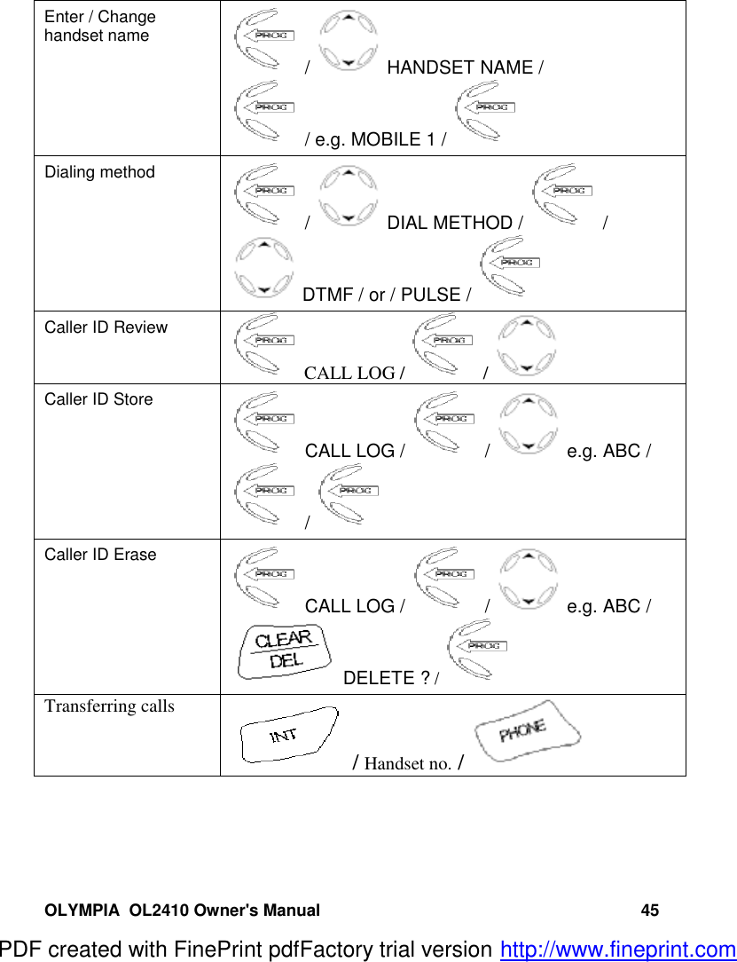 OLYMPIA  OL2410 Owner&apos;s Manual 45Enter / Changehandset name /   HANDSET NAME / / e.g. MOBILE 1 / Dialing method /   DIAL METHOD /   / DTMF / or / PULSE / Caller ID Review CALL LOG /   / Caller ID Store CALL LOG /   /   e.g. ABC / / Caller ID Erase CALL LOG /   /   e.g. ABC / DELETE ? / Transferring calls / Handset no. / PDF created with FinePrint pdfFactory trial version http://www.fineprint.com