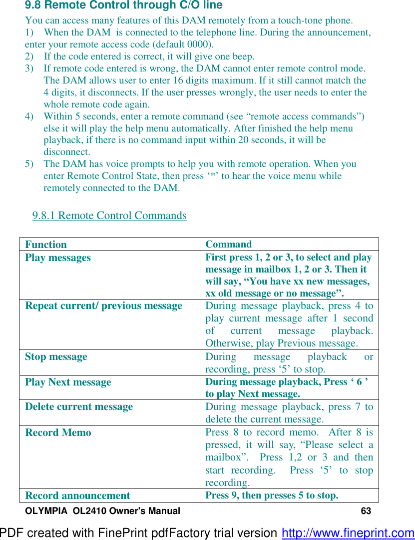 OLYMPIA  OL2410 Owner&apos;s Manual 639.8 Remote Control through C/O lineYou can access many features of this DAM remotely from a touch-tone phone.1)    When the DAM  is connected to the telephone line. During the announcement,enter your remote access code (default 0000).2)    If the code entered is correct, it will give one beep.3) If remote code entered is wrong, the DAM cannot enter remote control mode.The DAM allows user to enter 16 digits maximum. If it still cannot match the4 digits, it disconnects. If the user presses wrongly, the user needs to enter thewhole remote code again.4) Within 5 seconds, enter a remote command (see “remote access commands”)else it will play the help menu automatically. After finished the help menuplayback, if there is no command input within 20 seconds, it will bedisconnect.5) The DAM has voice prompts to help you with remote operation. When youenter Remote Control State, then press ‘*’ to hear the voice menu whileremotely connected to the DAM.9.8.1 Remote Control CommandsFunction CommandPlay messages First press 1, 2 or 3, to select and playmessage in mailbox 1, 2 or 3. Then itwill say, “You have xx new messages,xx old message or no message”.Repeat current/ previous message During message playback, press 4 toplay current message after 1 secondof current message playback.Otherwise, play Previous message.Stop message During message playback orrecording, press ‘5’ to stop.Play Next message During message playback, Press ‘ 6 ’to play Next message.Delete current message During message playback, press 7 todelete the current message.Record Memo Press 8 to record memo.  After 8 ispressed, it will say,  “Please select amailbox”.  Press 1,2 or 3 and thenstart recording.  Press  ‘5’ to stoprecording.Record announcement Press 9, then presses 5 to stop.PDF created with FinePrint pdfFactory trial version http://www.fineprint.com