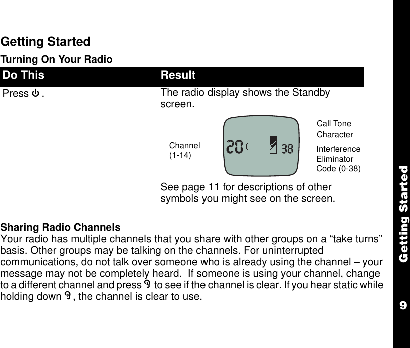 9Getting StartedGetting StartedTurning On Your RadioSharing Radio ChannelsYour radio has multiple channels that you share with other groups on a “take turns” basis. Other groups may be talking on the channels. For uninterrupted communications, do not talk over someone who is already using the channel – your message may not be completely heard.  If someone is using your channel, change to a different channel and press F to see if the channel is clear. If you hear static while holding down F, the channel is clear to use.Do This ResultPress E.The radio display shows the Standby screen.  See page 11 for descriptions of other symbols you might see on the screen.ChannelCall ToneCharacterInterferenceEliminatorCode (0-38)(1-14)