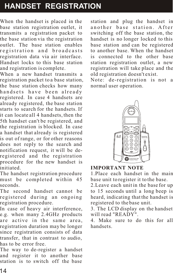 HANDSET  REGISTRATIONWhen the handset is placed in the base station registration outlet, it transmits a registration packet to the base station via the registration outlet. The base station enables registration and broadcasts registration data via air interface. Handset locks to this base station and registration is complete.When a new handset transmits a registration packet to a base station, the base station checks how many handsets have been already registered. In case 4 handsets are already registered, the base station starts to search for the handsets. If it can locate all 4 handsets, then the 5th handset can&apos;t be registered, and the registration is blocked. In case a handset that already is registered is out of range, or for other reasons does not reply to the search and notification request, it will be de-registered and the registration procedure for the new handset is initiated.The handset registration procedure must be completed within 45 seconds.The second handset cannot be registered during an ongoing registration procedure.In case of heavy air interference, e.g. when many 2.4GHz products are active in the same area, registration duration may be longer since registration consists of data transfer, that in contrast to audio, has to be  error free.The way to de-register a handset and register it to another base station is to switch off the base station and plug the handset in another base station. After switching off the base station, the handset is no longer locked to this base station and can be registered to another base. When the handset is connected to the other base station registration outlet, a new registration will take place and the old registration doesn&apos;t exist. Note: de-registration is not a normal user operation.IMPORTANT  NOTE1.Place each handset in the main base unit to register it to the base.2.Leave each unit in the base for up to 15 seconds until a long beep is heard, indicating that the handset is registered to the base unit.3. The LCD display on the handset will read &quot;READY&quot;.4. Make sure to do this for all handsets.14IDS Y S T E ME        PANDABLECallerMULTI HANDSETDIGITALSouthwestern BellFreedom PhoneSPREAD SPECTRUMPAGECHARGEGHz2.4MNOGHI 5*4PQRS7#06WXYZ8TUVOPER9PROGTALK1MEMMUTEDELFLASHDEF32JKLABCINTCMREDIALPAUSECANCEL