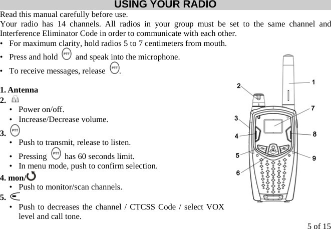USING YOUR RADIO Read this manual carefully before use. Your radio has 14 channels. All radios in your group must be set to the same channel and Interference Eliminator Code in order to communicate with each other. •   For maximum clarity, hold radios 5 to 7 centimeters from mouth.   and speak into the microphone. •   Press and hold •   To receive messages, release  .  1. Antenna 2.   •  Power on/off. •  Increase/Decrease volume. 3.    •   Push to transmit, release to listen. •  Pressing    has 60 seconds limit. •   In menu mode, push to confirm selection. 4. mon/  •  Push to monitor/scan channels. 5.    •  Push to decreases the channel / CTCSS Code / select VOX level and call tone.  5 of 15 