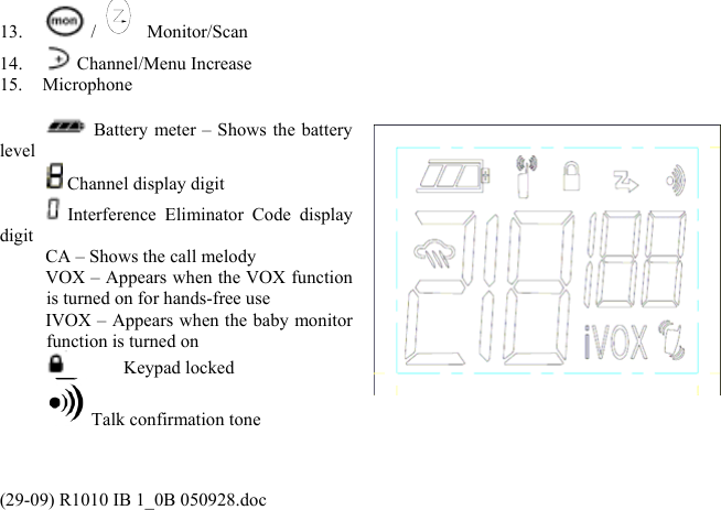 13.  /Monitor/Scan  14.   Channel/Menu Increase 15. Microphone   Battery meter – Shows the battery level  Channel display digit  Interference Eliminator Code display digit CA – Shows the call melody VOX – Appears when the VOX function is turned on for hands-free use IVOX – Appears when the baby monitor function is turned on  Keypad locked  Talk confirmation tone   (29-09) R1010 IB 1_0B 050928.doc 