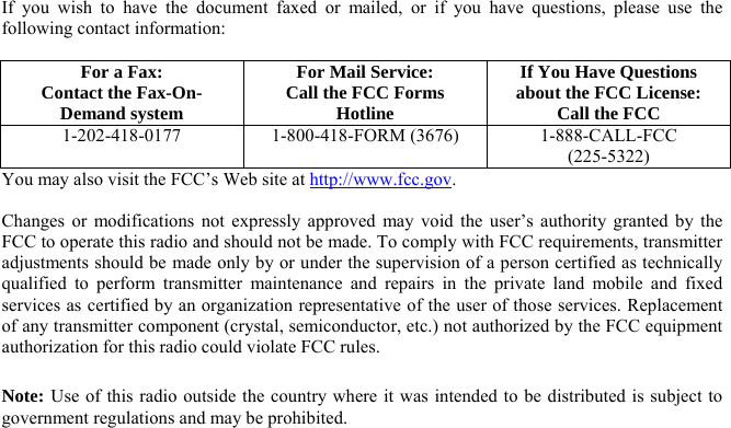  If you wish to have the document faxed or mailed, or if you have questions, please use the following contact information:  For a Fax: Contact the Fax-On-Demand system For Mail Service: Call the FCC Forms Hotline If You Have Questions about the FCC License: Call the FCC 1-202-418-0177 1-800-418-FORM (3676)  1-888-CALL-FCC  (225-5322) You may also visit the FCC’s Web site at http://www.fcc.gov.  Changes or modifications not expressly approved may void the user’s authority granted by the FCC to operate this radio and should not be made. To comply with FCC requirements, transmitter adjustments should be made only by or under the supervision of a person certified as technically qualified to perform transmitter maintenance and repairs in the private land mobile and fixed services as certified by an organization representative of the user of those services. Replacement of any transmitter component (crystal, semiconductor, etc.) not authorized by the FCC equipment authorization for this radio could violate FCC rules.  Note: Use of this radio outside the country where it was intended to be distributed is subject to government regulations and may be prohibited.   