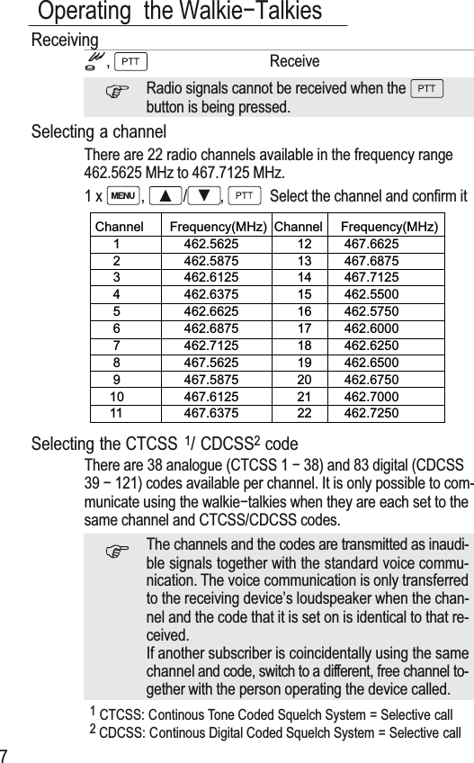 13Operating the WalkieíTalkies7Receiving, ReceiveRadio signals cannot be received when thebutton is being pressed.Selecting a channelThere are 22 radio channels available in the frequency range462.5625 MHz to 467.7125 MHz.1x , / , Select the channel and confirm itSelecting the CTCSS 1/ CDCSS2codeThere are 38 analogue (CTCSS 1 í 38) and 83 digital (CDCSS39 í 121) codes available per channel. It is only possible to com-municate using the walkieítalkies when they are each set to thesame channel and CTCSS/CDCSS codes.The channels and the codes are transmitted as inaudi-ble signals together with the standard voice commu-nication. The voice communication is only transferredto the receiving device’s loudspeaker when the chan-nel and the code that it is set on is identical to that re-ceived.If another subscriber is coincidentally using the samechannel and code, switch to a different, free channel to-gether with the person operating the device called.1CTCSS: Continous Tone Coded Squelch System = Selective call2CDCSS: Continous Digital Coded Squelch System = Selective callChannel    Frequency(MHz)  Channel     Frequency(MHz)     1        462.5625  12         467.6625     2        462.5875  13         467.6875     3        462.6125  14         467.7125     4        462.6375  15         462.5500     5        462.6625  16         462.5750     6        462.6875  17         462.6000     7        462.7125  18         462.6250     8        467.5625  19         462.6500     9        467.5875  20         462.6750    10        467.6125  21         462.7000    11        467.6375  22         462.7250