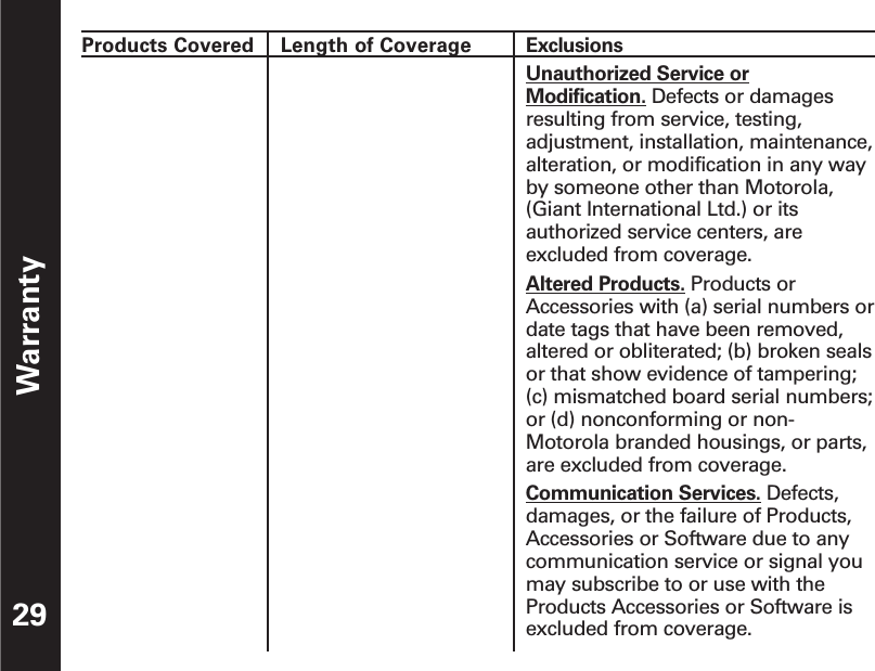 Warranty29Products Covered Length of Coverage ExclusionsUnauthorized Service orModification. Defects or damagesresulting from service, testing,adjustment, installation, maintenance,alteration, or modification in any wayby someone other than Motorola,(Giant International Ltd.) or itsauthorized service centers, areexcluded from coverage. Altered Products. Products orAccessories with (a) serial numbers ordate tags that have been removed,altered or obliterated; (b) broken sealsor that show evidence of tampering;(c) mismatched board serial numbers;or (d) nonconforming or non-Motorola branded housings, or parts,are excluded from coverage.Communication Services. Defects,damages, or the failure of Products,Accessories or Software due to anycommunication service or signal youmay subscribe to or use with theProducts Accessories or Software isexcluded from coverage.