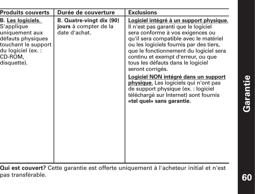 Garantie60Qui est couvert? Cette garantie est offerte uniquement à l&apos;acheteur initial et n&apos;estpas transférable.Produits couverts B. Les logiciels. S&apos;appliqueuniquement auxdéfauts physiquestouchant le supportdu logiciel (ex. :CD-ROM,disquette). Durée de couverture B. Quatre-vingt dix (90) jours à compter de ladate d&apos;achat. ExclusionsLogiciel intégré à un support physique.Il n&apos;est pas garanti que le logiciel sera conforme à vos exigences ou qu&apos;il sera compatible avec le matérielou les logiciels fournis par des tiers,que le fonctionnement du logiciel seracontinu et exempt d&apos;erreur, ou quetous les défauts dans le logiciel seront corrigés.  Logiciel NON intégré dans un supportphysique. Les logiciels qui n&apos;ont pas de support physique (ex. : logicieltéléchargé sur Internet) sont fournis«tel quel» sans garantie.