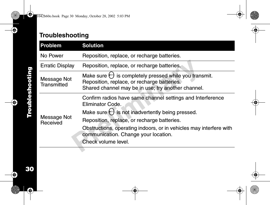 30PreliminaryTroubleshootingTroubleshootingProblem SolutionNo Power Reposition, replace, or recharge batteries. Erratic Display Reposition, replace, or recharge batteries.Message Not Tr a n s m it t e dMake sure M is completely pressed while you transmit.Reposition, replace, or recharge batteries.Shared channel may be in use; try another channel.Message Not ReceivedConfirm radios have same channel settings and Interference Eliminator Code.Make sure M is not inadvertently being pressed.Reposition, replace, or recharge batteries.Obstructions, operating indoors, or in vehicles may interfere with communication. Change your location.Check volume level.1042b60o.book  Page 30  Monday, October 28, 2002  5:03 PM