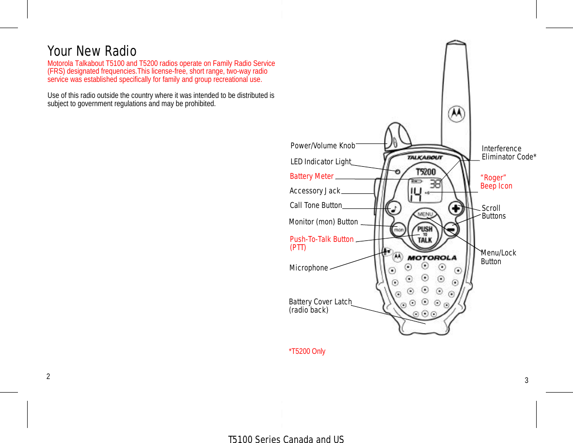 T5100 Series Canada and USPush-To-Talk Button (PTT)2Your New RadioMotorola Talkabout T5100 and T5200 radios operate on Family Radio Service (FRS) designated frequencies.This license-free, short range, two-way radio service was established specifically for family and group recreational use.  Use of this radio outside the country where it was intended to be distributed is subject to government regulations and may be prohibited. 3Power/Volume KnobAccessory JackScroll       ButtonsInterference Eliminator Code*MicrophoneMenu/LockButtonLED Indicator LightMonitor (mon) ButtonBattery Cover Latch(radio back)Call Tone ButtonBattery Meter*T5200 Only“Roger”                 Beep Icon