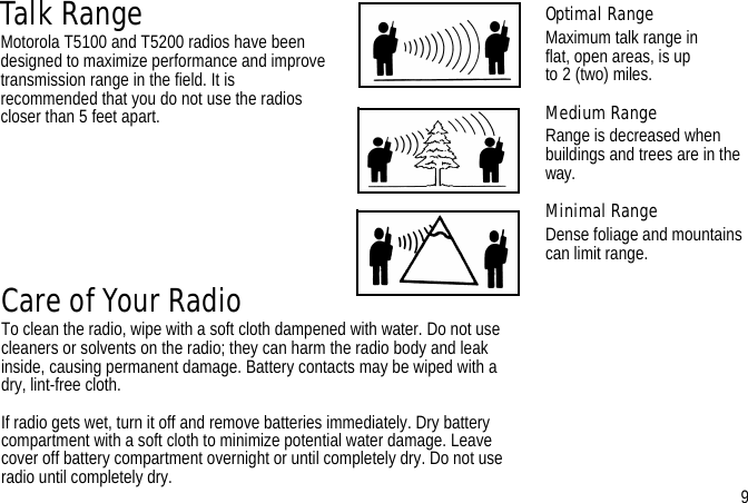 Care of Your RadioTo clean the radio, wipe with a soft cloth dampened with water. Do not use  cleaners or solvents on the radio; they can harm the radio body and leak inside, causing permanent damage. Battery contacts may be wiped with a dry, lint-free cloth.If radio gets wet, turn it off and remove batteries immediately. Dry battery compartment with a soft cloth to minimize potential water damage. Leave cover off battery compartment overnight or until completely dry. Do not use radio until completely dry.Talk RangeMotorola T5100 and T5200 radios have been designed to maximize performance and improve transmission range in the field. It is recommended that you do not use the radios closer than 5 feet apart.9Optimal RangeMaximum talk range in flat, open areas, is upto 2 (two) miles.Medium RangeRange is decreased when buildings and trees are in the way.Minimal RangeDense foliage and mountains can limit range.