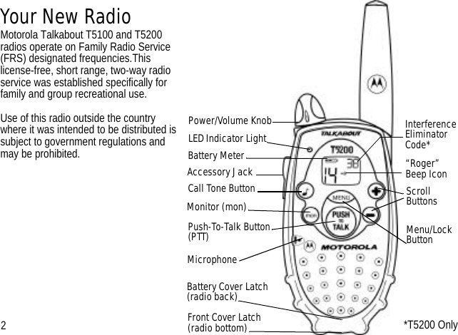 Your New RadioMotorola Talkabout T5100 and T5200 radios operate on Family Radio Service (FRS) designated frequencies.This license-free, short range, two-way radio service was established specifically for family and group recreational use. Use of this radio outside the country where it was intended to be distributed is subject to government regulations and may be prohibited. Push-To-Talk Button (PTT)Power/Volume KnobAccessory JackScroll       ButtonsInterference Eliminator Code*MicrophoneMenu/LockButtonLED Indicator LightMonitor (mon) Battery Cover Latch(radio back)Call Tone ButtonBattery Meter*T5200 Only“Roger”                 Beep IconFront Cover Latch(radio bottom)2