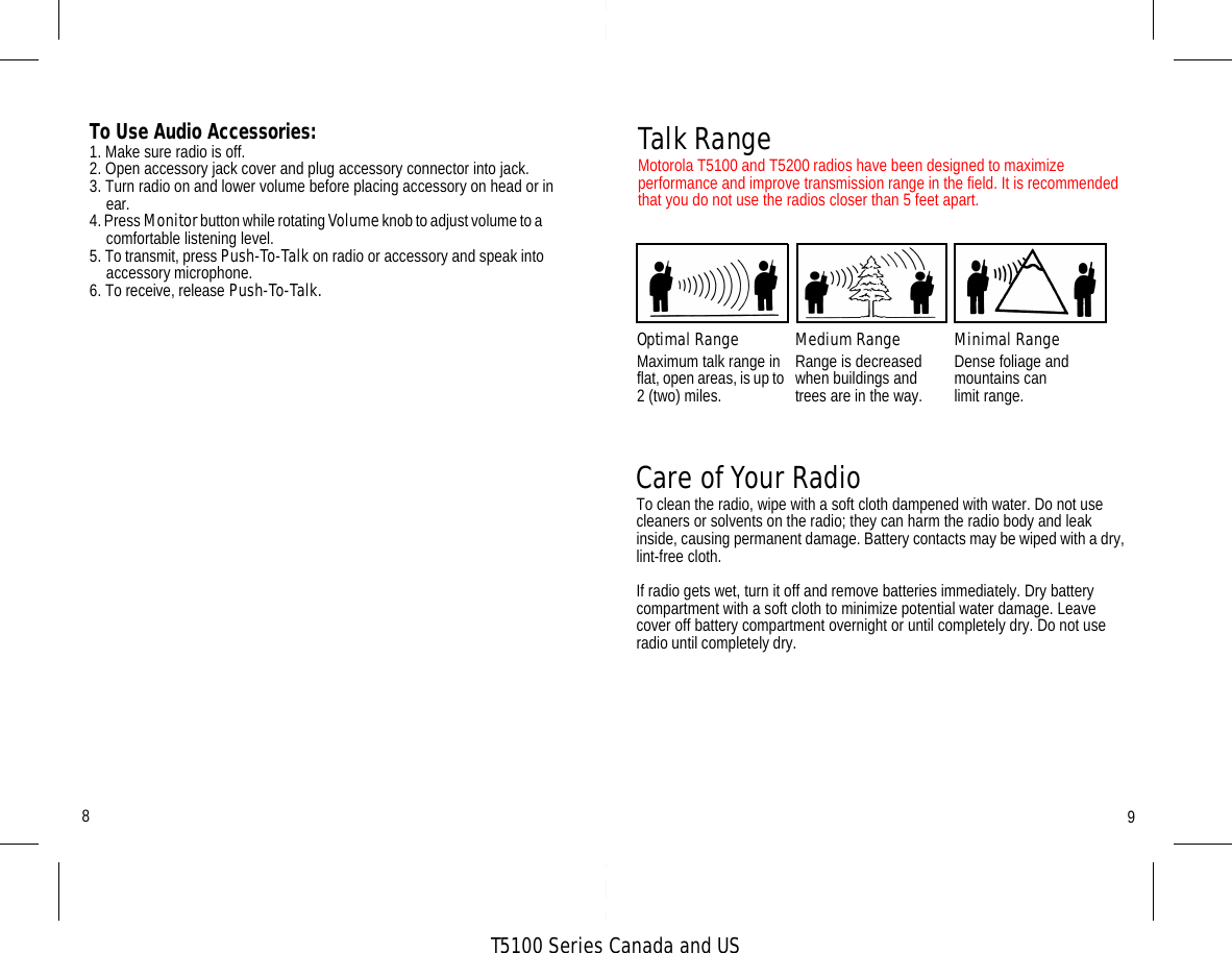 T5100 Series Canada and US98Care of Your RadioTo clean the radio, wipe with a soft cloth dampened with water. Do not use  cleaners or solvents on the radio; they can harm the radio body and leak inside, causing permanent damage. Battery contacts may be wiped with a dry, lint-free cloth.If radio gets wet, turn it off and remove batteries immediately. Dry battery compartment with a soft cloth to minimize potential water damage. Leave cover off battery compartment overnight or until completely dry. Do not use radio until completely dry.Optimal RangeMaximum talk range in flat, open areas, is up to 2 (two) miles.Medium RangeRange is decreased when buildings and trees are in the way.Minimal RangeDense foliage and mountains can limit range.Talk RangeMotorola T5100 and T5200 radios have been designed to maximize performance and improve transmission range in the field. It is recommended that you do not use the radios closer than 5 feet apart.To Use Audio Accessories:     1. Make sure radio is off.2. Open accessory jack cover and plug accessory connector into jack.3. Turn radio on and lower volume before placing accessory on head or in ear.4. Press Monitor button while rotating Volume knob to adjust volume to a          comfortable listening level.5. To transmit, press Push-To-Talk on radio or accessory and speak into       accessory microphone. 6. To receive, release Push-To-Talk.