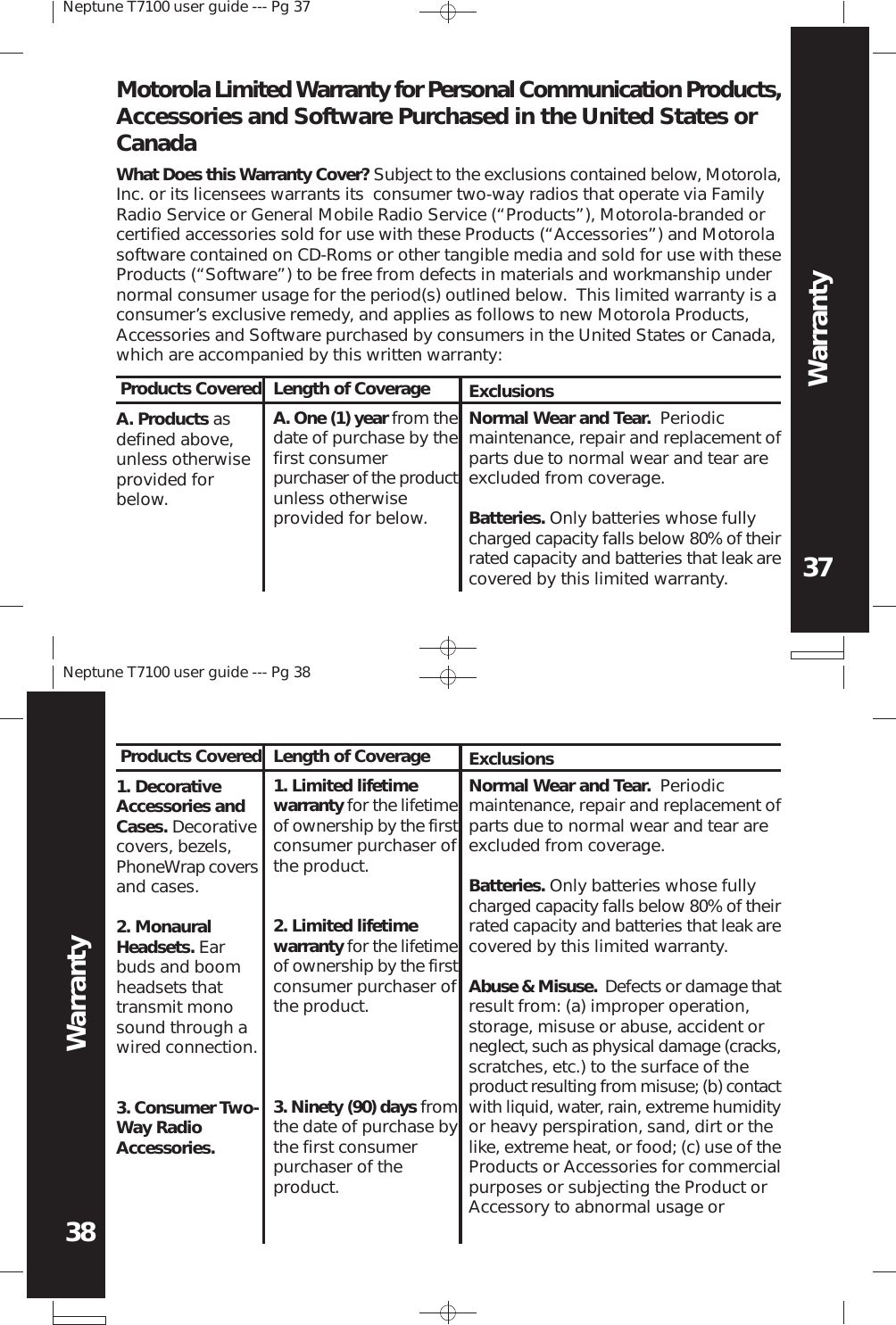 Neptune T7100 user guide --- Pg 3737Neptune T7100 user guide --- Pg 3838WarrantyWarrantyWhat Does this Warranty Cover? Subject to the exclusions contained below, Motorola,Inc. or its licensees warrants its  consumer two-way radios that operate via FamilyRadio Service or General Mobile Radio Service (“Products”), Motorola-branded orcertified accessories sold for use with these Products (“Accessories”) and Motorolasoftware contained on CD-Roms or other tangible media and sold for use with theseProducts (“Software”) to be free from defects in materials and workmanship undernormal consumer usage for the period(s) outlined below.  This limited warranty is aconsumer’s exclusive remedy, and applies as follows to new Motorola Products,Accessories and Software purchased by consumers in the United States or Canada,which are accompanied by this written warranty:Motorola Limited Warranty for Personal Communication Products,Accessories and Software Purchased in the United States orCanadaA. Products asdefined above,unless otherwiseprovided forbelow.A. One (1) year from thedate of purchase by thefirst consumerpurchaser of the productunless otherwiseprovided for below.Normal Wear and Tear.  Periodicmaintenance, repair and replacement ofparts due to normal wear and tear areexcluded from coverage.Batteries. Only batteries whose fullycharged capacity falls below 80% of theirrated capacity and batteries that leak arecovered by this limited warranty.Products Covered Length of Coverage Exclusions1. DecorativeAccessories andCases. Decorativecovers, bezels,PhoneWrap coversand cases.2. MonauralHeadsets. Earbuds and boomheadsets thattransmit monosound through awired connection.3. Consumer Two-Way RadioAccessories.1. Limited lifetimewarranty for the lifetimeof ownership by the firstconsumer purchaser ofthe product.2. Limited lifetimewarranty for the lifetimeof ownership by the firstconsumer purchaser ofthe product.3. Ninety (90) days fromthe date of purchase bythe first consumerpurchaser of theproduct.Normal Wear and Tear.  Periodicmaintenance, repair and replacement ofparts due to normal wear and tear areexcluded from coverage.Batteries. Only batteries whose fullycharged capacity falls below 80% of theirrated capacity and batteries that leak arecovered by this limited warranty.Abuse &amp; Misuse.  Defects or damage thatresult from: (a) improper operation,storage, misuse or abuse, accident orneglect, such as physical damage (cracks,scratches, etc.) to the surface of theproduct resulting from misuse; (b) contactwith liquid, water, rain, extreme humidityor heavy perspiration, sand, dirt or thelike, extreme heat, or food; (c) use of theProducts or Accessories for commercialpurposes or subjecting the Product orAccessory to abnormal usage orProducts Covered Length of Coverage Exclusions