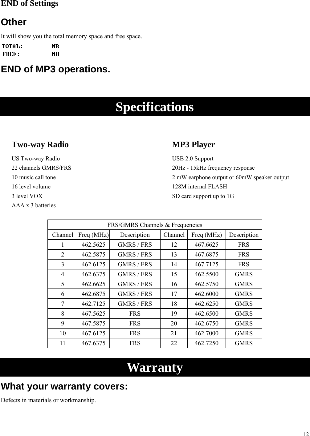 12 END of Settings Other It will show you the total memory space and free space.  END of MP3 operations.  Specifications  Two-way Radio US Two-way Radio 22 channels GMRS/FRS 10 music call tone 16 level volume 3 level VOX AAA x 3 batteries MP3 Player USB 2.0 Support 20Hz - 15kHz frequency response 2 mW earphone output or 60mW speaker output 128M internal FLASH SD card support up to 1G  FRS/GMRS Channels &amp; Frequencies Channel Freq (MHz)  Description  Channel Freq (MHz)  Description 1 462.5625 GMRS / FRS  12 467.6625  FRS 2 462.5875 GMRS / FRS  13 467.6875  FRS 3 462.6125 GMRS / FRS  14 467.7125  FRS 4 462.6375 GMRS / FRS  15 462.5500 GMRS 5 462.6625 GMRS / FRS  16 462.5750 GMRS 6 462.6875 GMRS / FRS  17 462.6000 GMRS 7 462.7125 GMRS / FRS  18 462.6250 GMRS 8 467.5625  FRS  19 462.6500 GMRS 9 467.5875  FRS  20 462.6750 GMRS 10 467.6125  FRS  21  462.7000 GMRS 11 467.6375  FRS  22  462.7250 GMRS  Warranty What your warranty covers: Defects in materials or workmanship. 