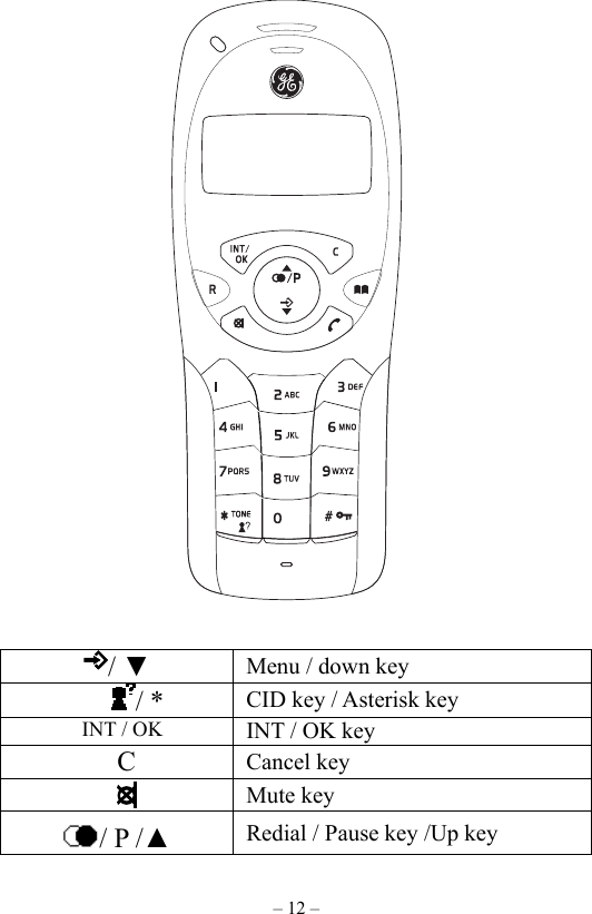 – 12 –                     / ▼ Menu / down key   / *  CID key / Asterisk key   INT / OK INT / OK key C    Cancel key  Mute key / P /▲   Redial / Pause key /Up key 