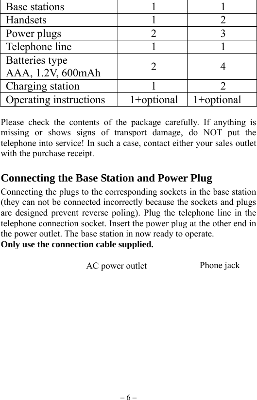 – 6 – Base stations  1  1 Handsets 1 2 Power plugs  2  3 Telephone line  1  1 Batteries type AAA, 1.2V, 600mAh  2 4 Charging station  1  2 Operating instructions  1+optional  1+optional  Please check the contents of the package carefully. If anything is missing or shows signs of transport damage, do NOT put the telephone into service! In such a case, contact either your sales outlet with the purchase receipt.  Connecting the Base Station and Power Plug Connecting the plugs to the corresponding sockets in the base station (they can not be connected incorrectly because the sockets and plugs are designed prevent reverse poling). Plug the telephone line in the telephone connection socket. Insert the power plug at the other end in the power outlet. The base station in now ready to operate. Only use the connection cable supplied.                 Phone jack         AC power outlet 