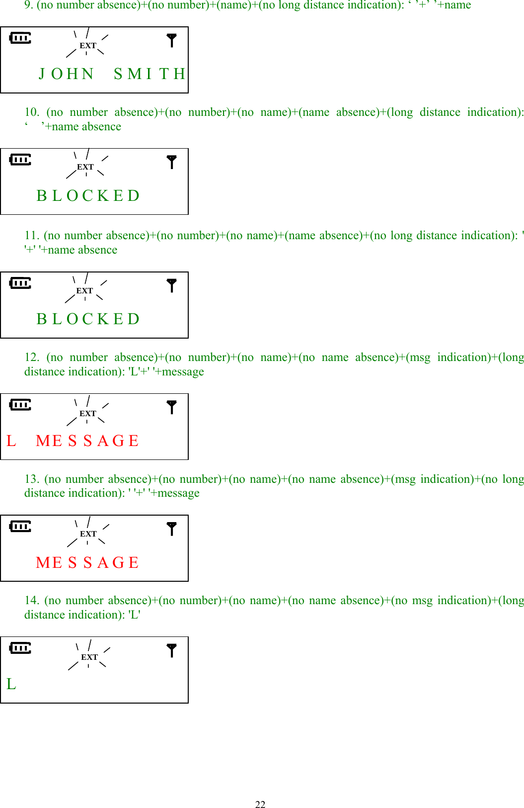  229. (no number absence)+(no number)+(name)+(no long distance indication): ‘ ’+’ ’+name         J  O H N    S MI T H  10. (no number absence)+(no number)+(no name)+(name absence)+(long distance indication): ‘  ’+name absence         B L O C K E D       11. (no number absence)+(no number)+(no name)+(name absence)+(no long distance indication): &apos; &apos;+&apos; &apos;+name absence         B L O C K E D       12. (no number absence)+(no number)+(no name)+(no name absence)+(msg indication)+(long distance indication): &apos;L&apos;+&apos; &apos;+message     L  ME S S A G E     13. (no number absence)+(no number)+(no name)+(no name absence)+(msg indication)+(no long distance indication): &apos; &apos;+&apos; &apos;+message       ME S S A G E     14. (no number absence)+(no number)+(no name)+(no name absence)+(no msg indication)+(long distance indication): &apos;L&apos;     L                  EXT  EXT  EXT  EXT  EXT  EXT 