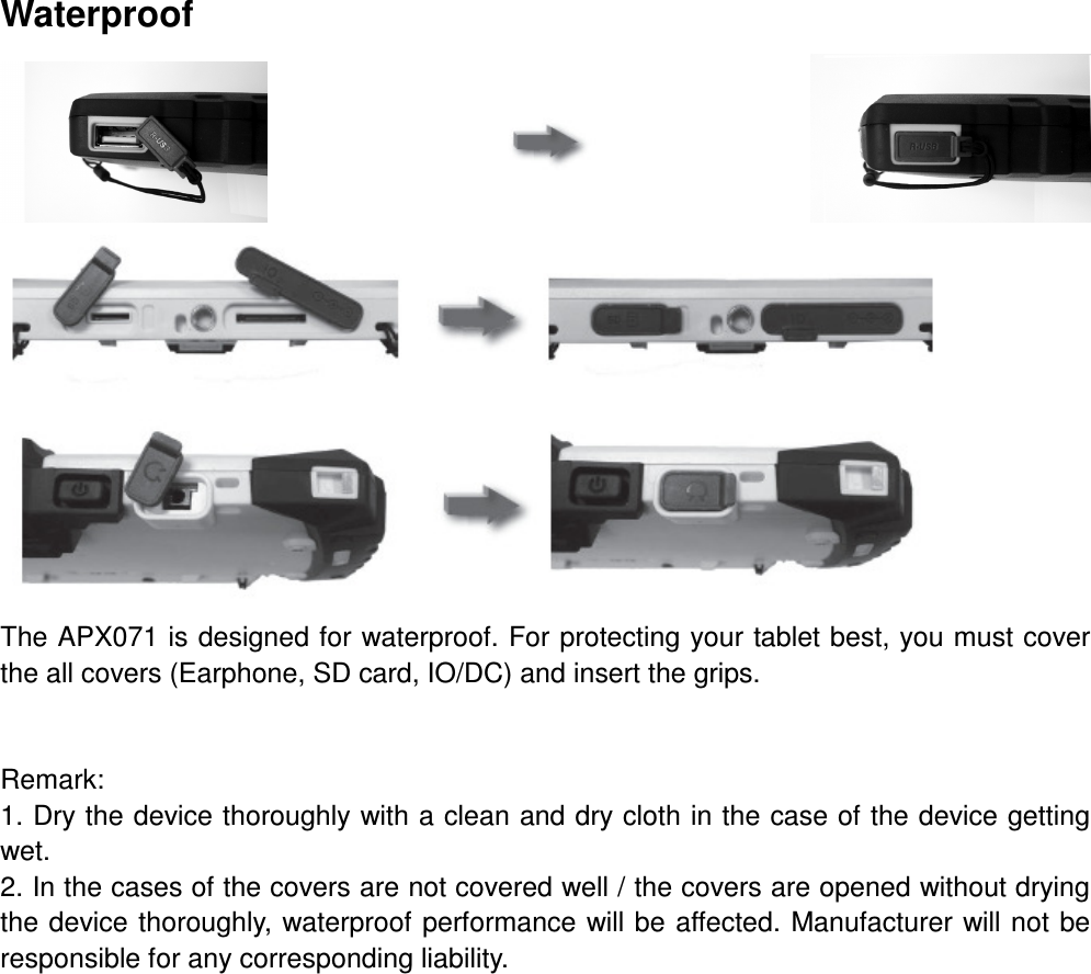 Waterproof                The APX071 is designed for waterproof. For protecting your tablet best, you must cover the all covers (Earphone, SD card, IO/DC) and insert the grips.   Remark:   1. Dry the device thoroughly with a clean and dry cloth in the case of the device getting wet. 2. In the cases of the covers are not covered well / the covers are opened without drying the device thoroughly, waterproof  performance will be affected. Manufacturer will not be responsible for any corresponding liability.                 