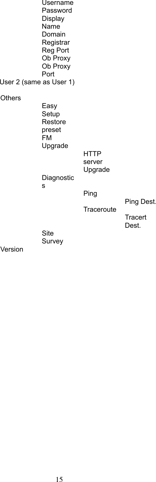      15   Username       Password        Display Name       Domain        Registrar       Reg Port        Ob Proxy        Ob Proxy Port         User 2 (same as User 1)          Others         Easy Setup       Restore preset        FM Upgrade        HTTP server        Upgrade      Diagnostics         Ping         Ping Dest.       Traceroute        Tracert Dest.     Site Survey      Version                              