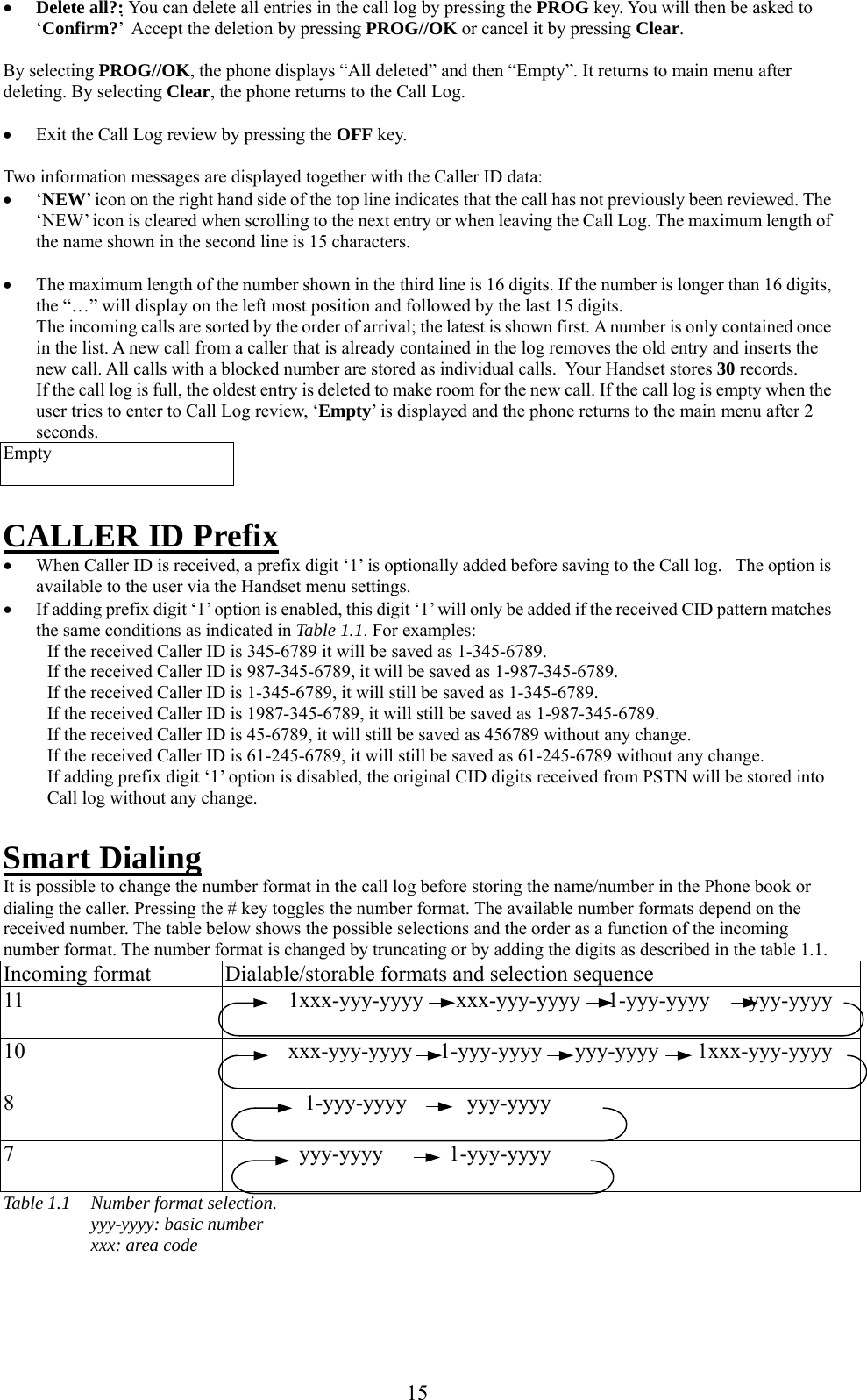     •  Delete all?: You can delete all entries in the call log by pressing the PROG key. You will then be asked to ‘Confirm?’  Accept the deletion by pressing PROG//OK or cancel it by pressing Clear.  By selecting PROG//OK, the phone displays “All deleted” and then “Empty”. It returns to main menu after deleting. By selecting Clear, the phone returns to the Call Log.  •  Exit the Call Log review by pressing the OFF key.  Two information messages are displayed together with the Caller ID data: •  ‘NEW’ icon on the right hand side of the top line indicates that the call has not previously been reviewed. The ‘NEW’ icon is cleared when scrolling to the next entry or when leaving the Call Log. The maximum length of the name shown in the second line is 15 characters.   •  The maximum length of the number shown in the third line is 16 digits. If the number is longer than 16 digits, the “…” will display on the left most position and followed by the last 15 digits.                                                       The incoming calls are sorted by the order of arrival; the latest is shown first. A number is only contained once in the list. A new call from a caller that is already contained in the log removes the old entry and inserts the new call. All calls with a blocked number are stored as individual calls.  Your Handset stores 30 records.           If the call log is full, the oldest entry is deleted to make room for the new call. If the call log is empty when the user tries to enter to Call Log review, ‘Empty’ is displayed and the phone returns to the main menu after 2 seconds. Empty   CALLER ID Prefix •  When Caller ID is received, a prefix digit ‘1’ is optionally added before saving to the Call log.   The option is available to the user via the Handset menu settings. •  If adding prefix digit ‘1’ option is enabled, this digit ‘1’ will only be added if the received CID pattern matches the same conditions as indicated in Table 1.1. For examples: If the received Caller ID is 345-6789 it will be saved as 1-345-6789. If the received Caller ID is 987-345-6789, it will be saved as 1-987-345-6789. If the received Caller ID is 1-345-6789, it will still be saved as 1-345-6789. If the received Caller ID is 1987-345-6789, it will still be saved as 1-987-345-6789. If the received Caller ID is 45-6789, it will still be saved as 456789 without any change. If the received Caller ID is 61-245-6789, it will still be saved as 61-245-6789 without any change. If adding prefix digit ‘1’ option is disabled, the original CID digits received from PSTN will be stored into Call log without any change.  Smart Dialing It is possible to change the number format in the call log before storing the name/number in the Phone book or dialing the caller. Pressing the # key toggles the number format. The available number formats depend on the received number. The table below shows the possible selections and the order as a function of the incoming number format. The number format is changed by truncating or by adding the digits as described in the table 1.1. Incoming format Dialable/storable formats and selection sequence 11  1xxx-yyy-yyyy      xxx-yyy-yyyy     1-yyy-yyyy       yyy-yyyy  10 xxx-yyy-yyyy     1-yyy-yyyy      yyy-yyyy       1xxx-yyy-yyyy       8    1-yyy-yyyy           yyy-yyyy  7    yyy-yyyy            1-yyy-yyyy  Table 1.1   Number format selection. yyy-yyyy: basic number xxx: area code   15
