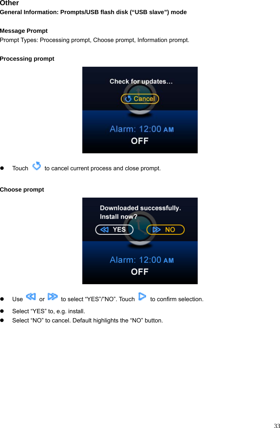  33Other General Information: Prompts/USB flash disk (“USB slave”) mode  Message Prompt Prompt Types: Processing prompt, Choose prompt, Information prompt.  Processing prompt  z Touch    to cancel current process and close prompt.  Choose prompt  z Use   or    to select “YES”/”NO”. Touch    to confirm selection.   z  Select “YES” to, e.g. install. z  Select “NO” to cancel. Default highlights the “NO” button.  