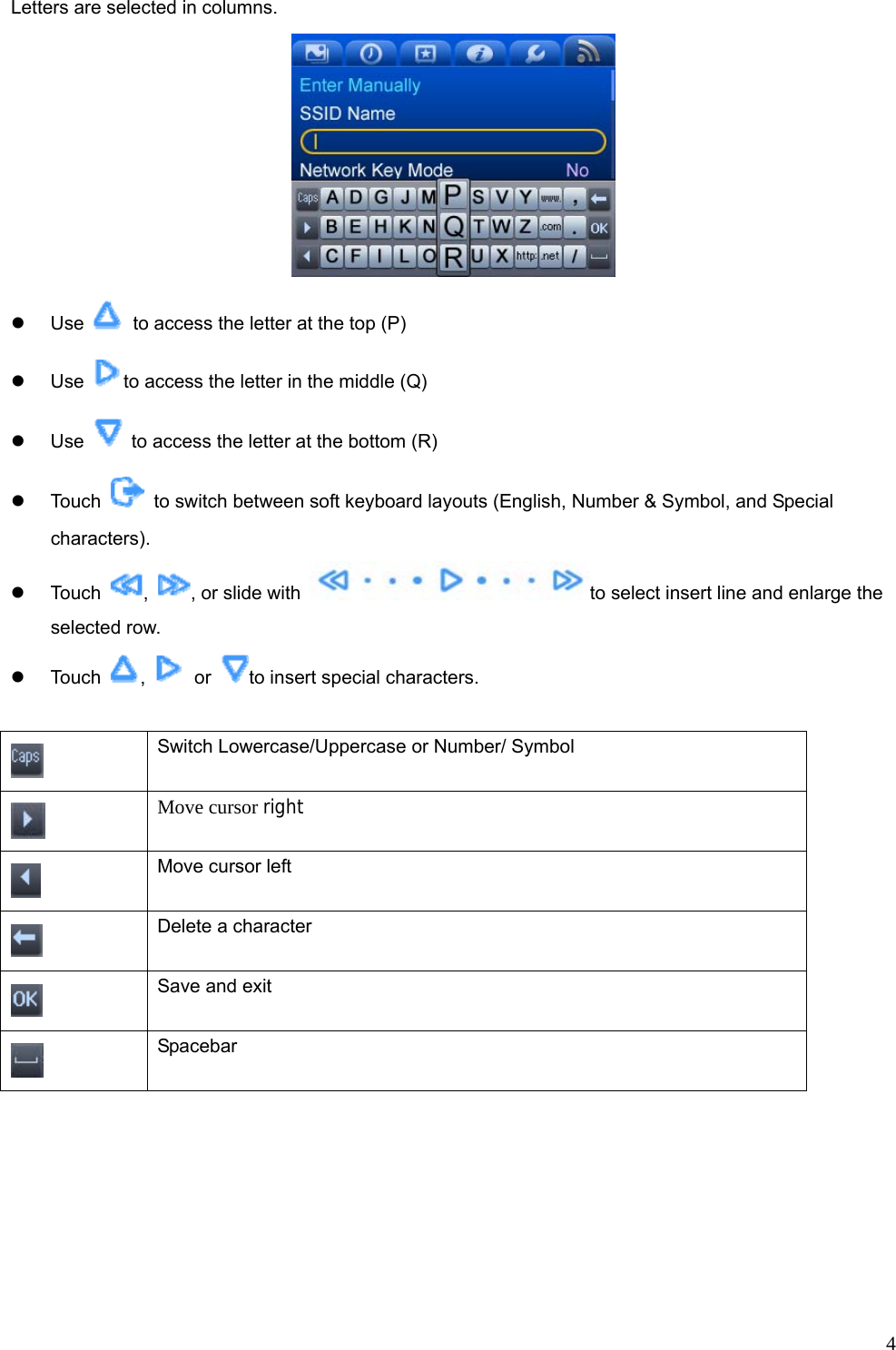  4Letters are selected in columns.  z Use    to access the letter at the top (P) z Use  to access the letter in the middle (Q) z Use    to access the letter at the bottom (R) z Touch    to switch between soft keyboard layouts (English, Number &amp; Symbol, and Special characters). z Touch  ,  , or slide with  to select insert line and enlarge the selected row. z Touch  ,   or  to insert special characters.   Switch Lowercase/Uppercase or Number/ Symbol  Move cursor right  Move cursor left  Delete a character    Save and exit  Spacebar  