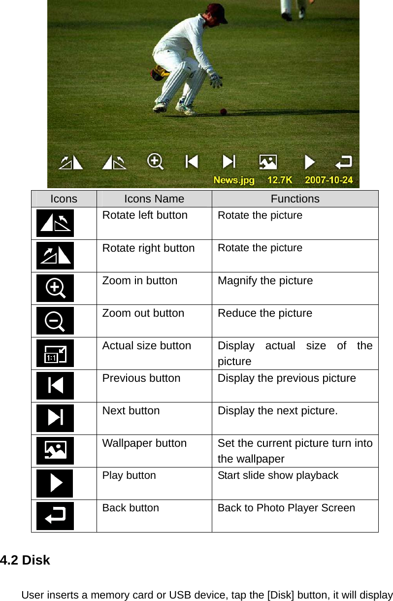  Icons  Icons Name  Functions  Rotate left button  Rotate the picture  Rotate right button  Rotate the picture  Zoom in button  Magnify the picture  Zoom out button  Reduce the picture  Actual size button  Display actual size of the picture  Previous button  Display the previous picture  Next button  Display the next picture.  Wallpaper button  Set the current picture turn into the wallpaper  Play button  Start slide show playback  Back button  Back to Photo Player Screen 4.2 Disk User inserts a memory card or USB device, tap the [Disk] button, it will display   