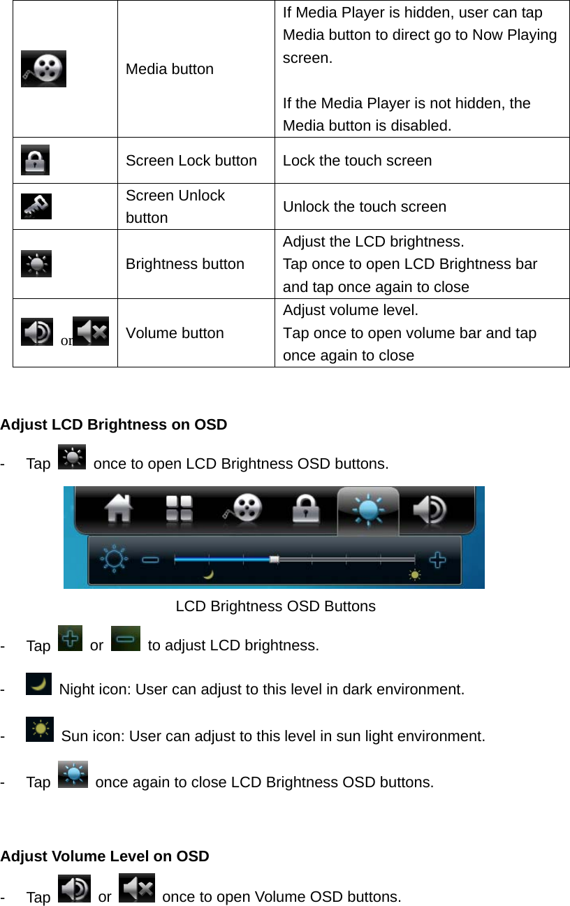  Media button If Media Player is hidden, user can tap Media button to direct go to Now Playing screen.   If the Media Player is not hidden, the Media button is disabled.    Screen Lock button  Lock the touch screen  Screen Unlock button  Unlock the touch screen    Brightness button Adjust the LCD brightness.   Tap once to open LCD Brightness bar and tap once again to close    or   Volume button Adjust volume level.   Tap once to open volume bar and tap once again to close   Adjust LCD Brightness on OSD   - Tap    once to open LCD Brightness OSD buttons.    LCD Brightness OSD Buttons - Tap   or    to adjust LCD brightness.   -    Night icon: User can adjust to this level in dark environment.     -    Sun icon: User can adjust to this level in sun light environment.   - Tap    once again to close LCD Brightness OSD buttons.     Adjust Volume Level on OSD   - Tap   or   once to open Volume OSD buttons. 