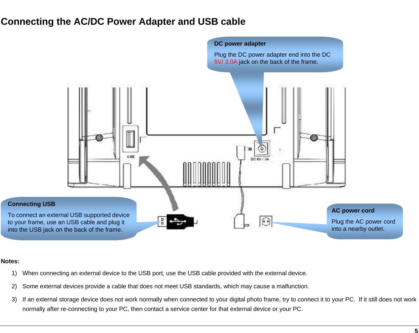   5 Connecting the AC/DC Power Adapter and USB cable        Notes: 1)  When connecting an external device to the USB port, use the USB cable provided with the external device. 2)  Some external devices provide a cable that does not meet USB standards, which may cause a malfunction. 3)  If an external storage device does not work normally when connected to your digital photo frame, try to connect it to your PC.  If it still does not work normally after re-connecting to your PC, then contact a service center for that external device or your PC. DC power adapter Plug the DC power adapter end into the DC 5V/ 3.0A jack on the back of the frame. AC power cord Plug the AC power cord into a nearby outlet. Connecting USB To connect an external USB supported device to your frame, use an USB cable and plug it into the USB jack on the back of the frame. 