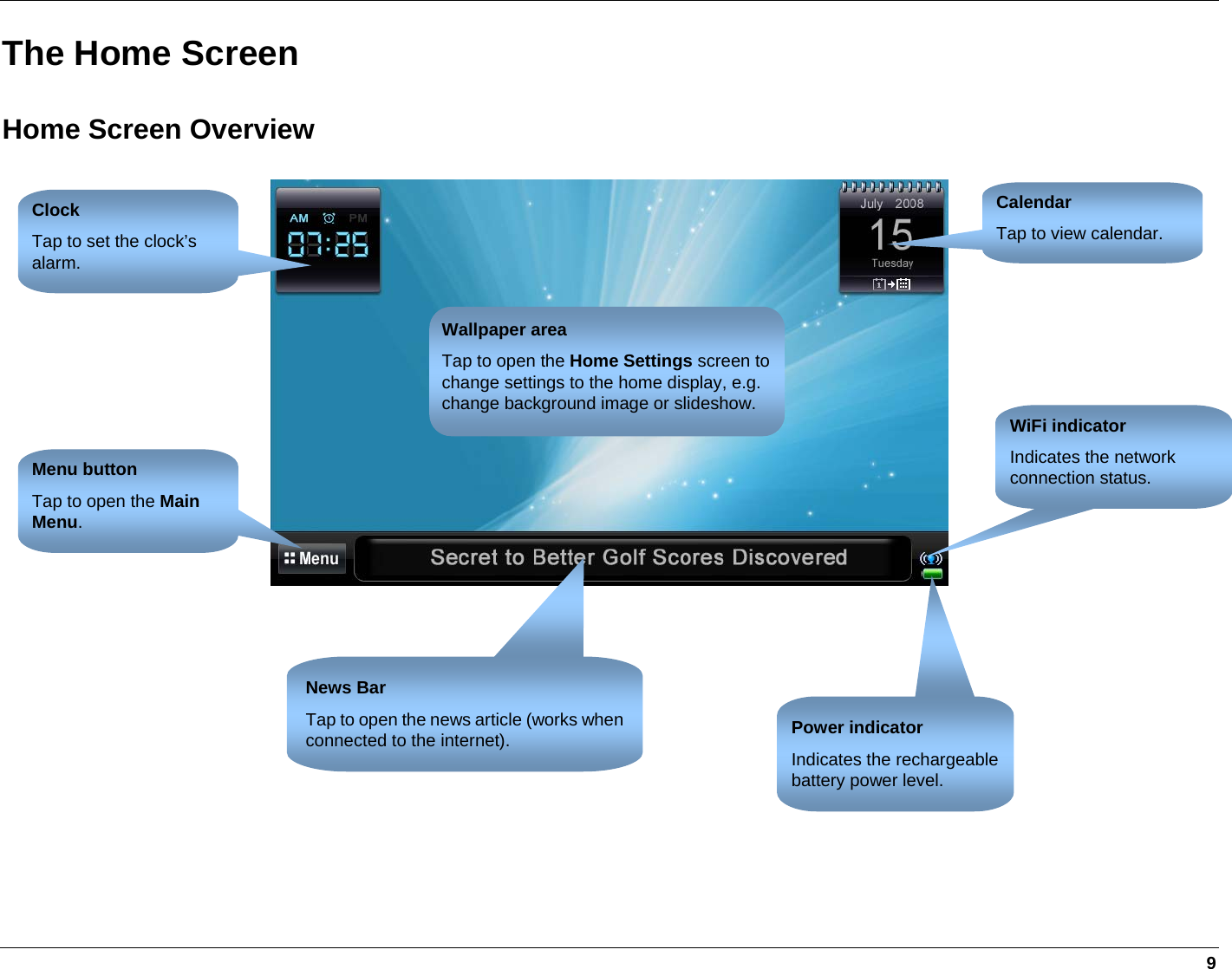     9 The Home Screen Home Screen Overview      Clock Tap to set the clock’s alarm. Menu button Tap to open the Main Menu. Calendar Tap to view calendar. WiFi indicator Indicates the network connection status. News Bar Tap to open the news article (works when connected to the internet). Wallpaper area Tap to open the Home Settings screen to change settings to the home display, e.g. change background image or slideshow. Power indicator  Indicates the rechargeable battery power level. 
