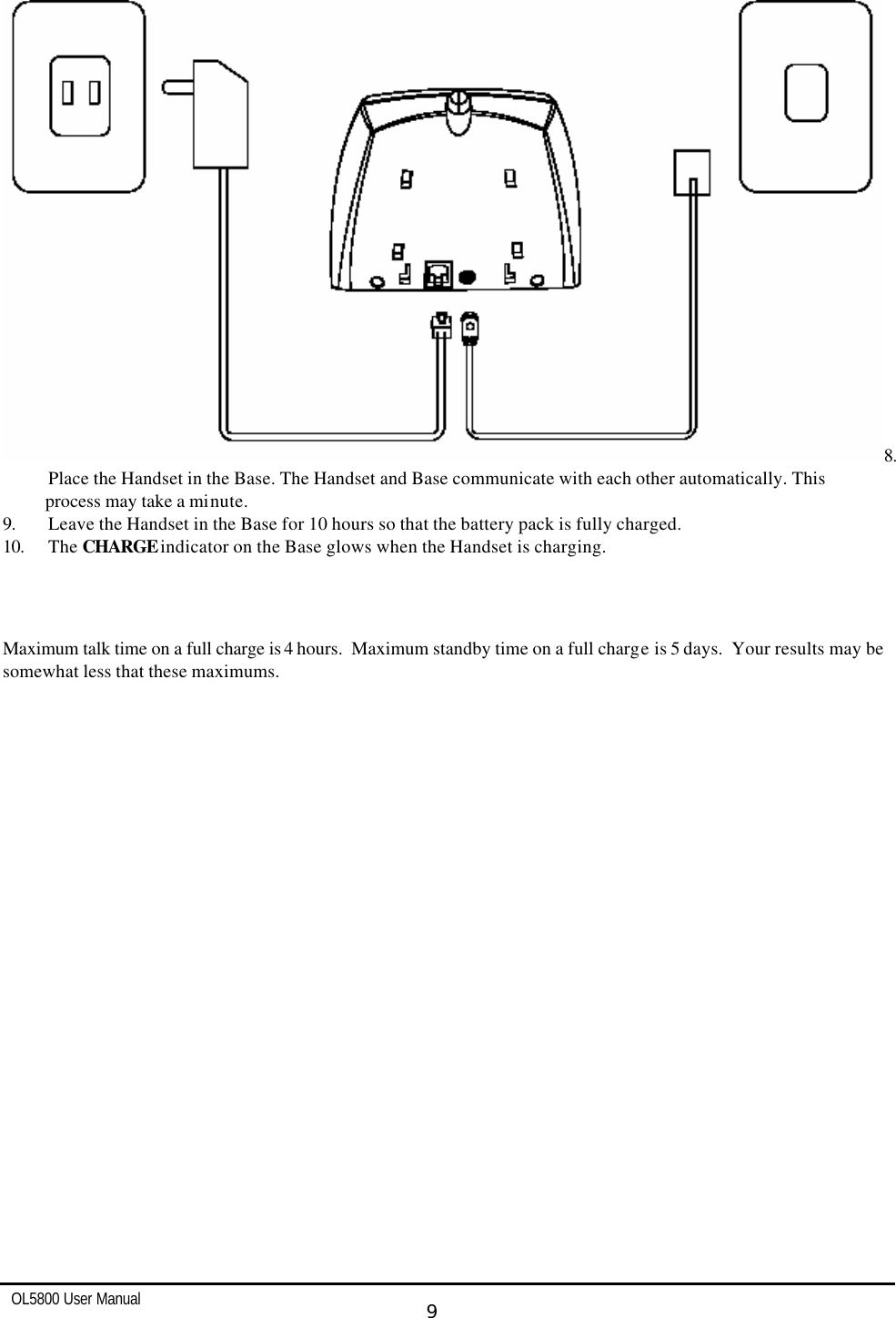   OL5800 User Manual  9  8. Place the Handset in the Base. The Handset and Base communicate with each other automatically. This                 process may take a minute.  9. Leave the Handset in the Base for 10 hours so that the battery pack is fully charged.  10. The CHARGE indicator on the Base glows when the Handset is charging.   Maximum talk time on a full charge is 4 hours.  Maximum standby time on a full charge is 5 days.  Your results may be somewhat less that these maximums.