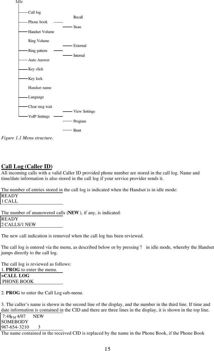      15  Idle                            Call log            Recall   Phone book            Store   Handset Volume                  Ring Volume            External    Ring pattern            Internal   Auto Answer                  Key click                  Key lock                  Handset name                  Language               Clear msg wait            View Settings   VoIP Settings              Program                   Reset   Figure 1.1 Menu structure.     Call Log (Caller ID) All incoming calls with a valid Caller ID provided phone number are stored in the call log. Name and time/date information is also stored in the call log if your service provider sends it.  The number of entries stored in the call log is indicated when the Handset is in idle mode: READY 1 CALL  The number of unanswered calls (NEW ), if any, is indicated: READY 2 CALLS/1 NEW  The new call indication is removed when the call log has been reviewed.  The call log is entered via the menu, as described below or by pressing ? in idle mode, whereby the Handset jumps directly to the call log.  The call log is reviewed as follows: 1.  PROG to enter the menu. &gt;CALL LOG  PHONE BOOK  2.  PROG to enter the Call Log sub-menu.  3. The caller’s name is shown in the second line of the display, and the number in the third line. If time and date information is contained in the CID and there are three lines in the display, it is shown in the top line.  7:48PM 4/07      NEW   SOMEBODY             987-654-3210       3 The name contained in the received CID is replaced by the name in the Phone Book, if the Phone Book 