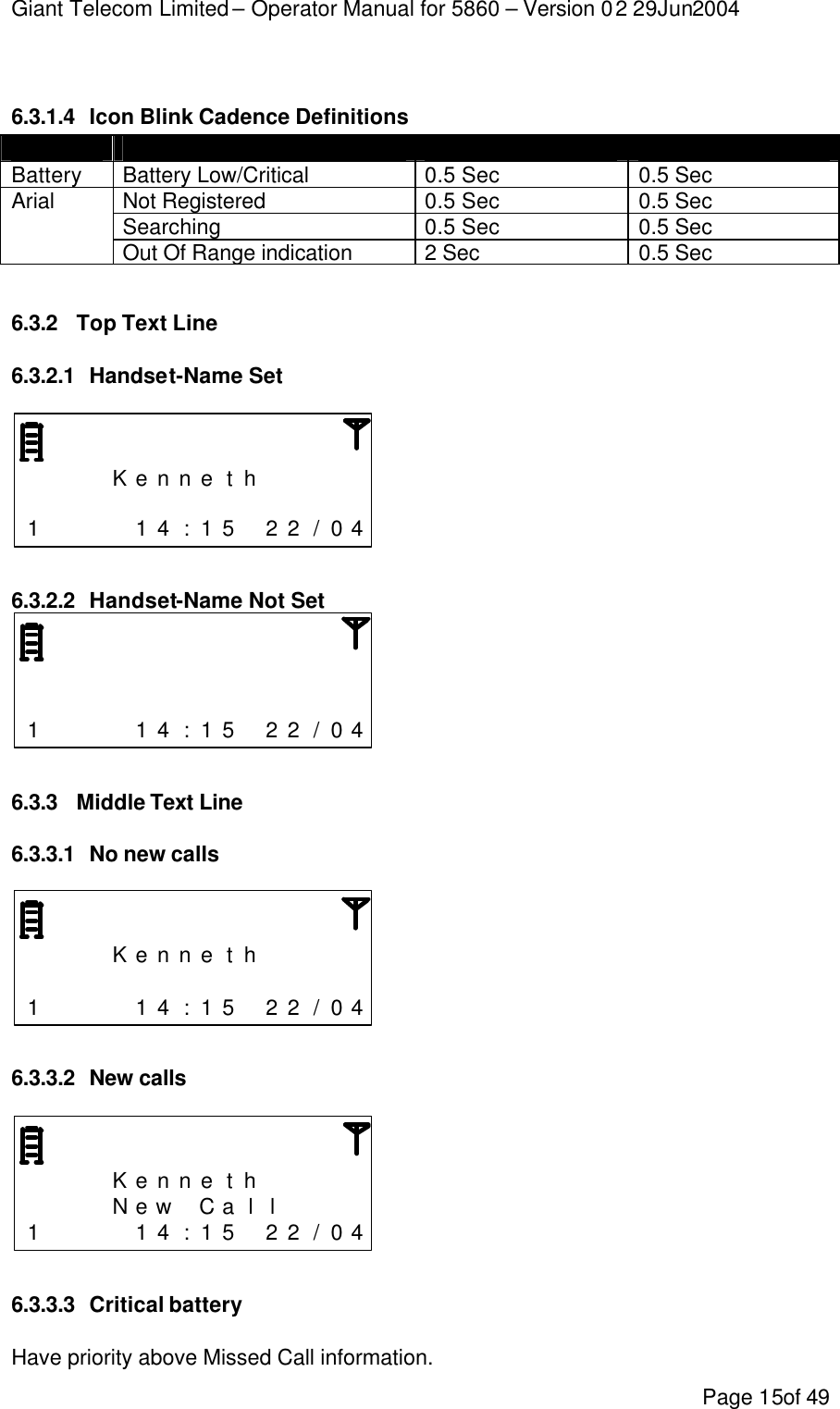 Giant Telecom Limited – Operator Manual for 5860 – Version 02 29Jun2004 Page 15of 49   6.3.1.4 Icon Blink Cadence Definitions Icon Context Blink On Time Blink Off Time Battery Battery Low/Critical 0.5 Sec 0.5 Sec Not Registered 0.5 Sec 0.5 Sec Searching 0.5 Sec 0.5 Sec Arial Out Of Range indication 2 Sec 0.5 Sec  6.3.2 Top Text Line 6.3.2.1 Handset-Name Set        K e n n e t h                      1     1 4 : 1 5  2 2 / 0 4  6.3.2.2 Handset-Name Not Set                                   1     1 4 : 1 5  2 2 / 0 4  6.3.3 Middle Text Line  6.3.3.1 No new calls        K e n n e t h                      1     1 4 : 1 5  2 2 / 0 4  6.3.3.2 New calls        K e n n e t h          N e w  C a l l     1     1 4 : 1 5  2 2 / 0 4  6.3.3.3 Critical battery Have priority above Missed Call information. 