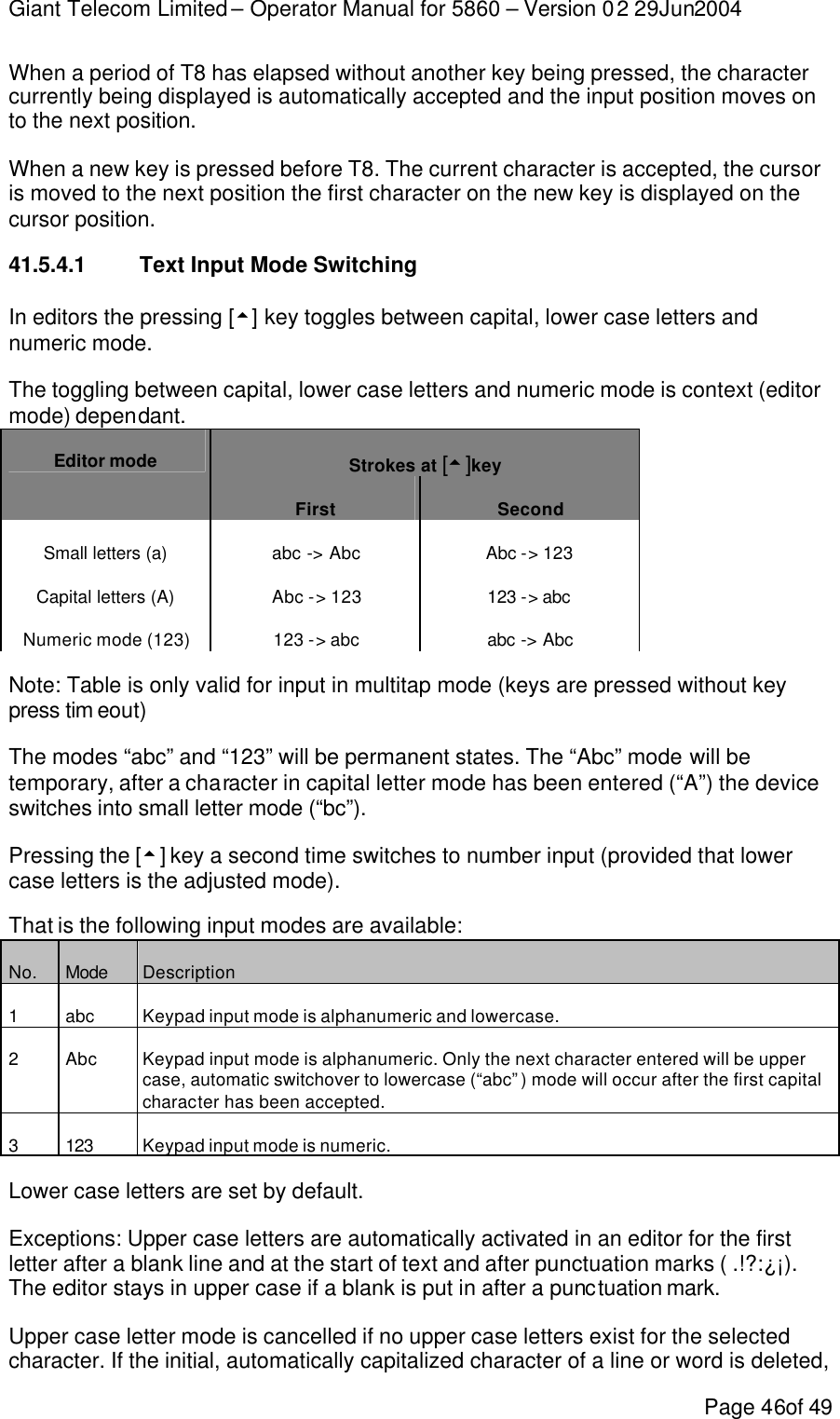 Giant Telecom Limited – Operator Manual for 5860 – Version 02 29Jun2004 Page 46of 49 When a period of T8 has elapsed without another key being pressed, the character currently being displayed is automatically accepted and the input position moves on to the next position. When a new key is pressed before T8. The current character is accepted, the cursor is moved to the next position the first character on the new key is displayed on the cursor position. 41.5.4.1 Text Input Mode Switching In editors the pressing [5] key toggles between capital, lower case letters and numeric mode.  The toggling between capital, lower case letters and numeric mode is context (editor mode) dependant. Strokes at [5]key  Editor mode First  Second Small letters (a) abc  -&gt; Abc Abc -&gt; 123 Capital letters (A) Abc -&gt; 123 123 -&gt; abc Numeric mode (123) 123 -&gt; abc abc  -&gt; Abc Note: Table is only valid for input in multitap mode (keys are pressed without key press tim eout) The modes “abc” and “123” will be permanent states. The “Abc” mode will be temporary, after a character in capital letter mode has been entered (“A”) the device switches into small letter mode (“bc”). Pressing the [5] key a second time switches to number input (provided that lower case letters is the adjusted mode). That is the following input modes are available: No. Mode Description 1 abc Keypad input mode is alphanumeric and lowercase. 2 Abc Keypad input mode is alphanumeric. Only the next character entered will be upper case, automatic switchover to lowercase (“abc” ) mode will occur after the first capital character has been accepted. 3 123 Keypad input mode is numeric. Lower case letters are set by default.   Exceptions: Upper case letters are automatically activated in an editor for the first letter after a blank line and at the start of text and after punctuation marks ( .!?:¿¡). The editor stays in upper case if a blank is put in after a punctuation mark. Upper case letter mode is cancelled if no upper case letters exist for the selected character. If the initial, automatically capitalized character of a line or word is deleted, 